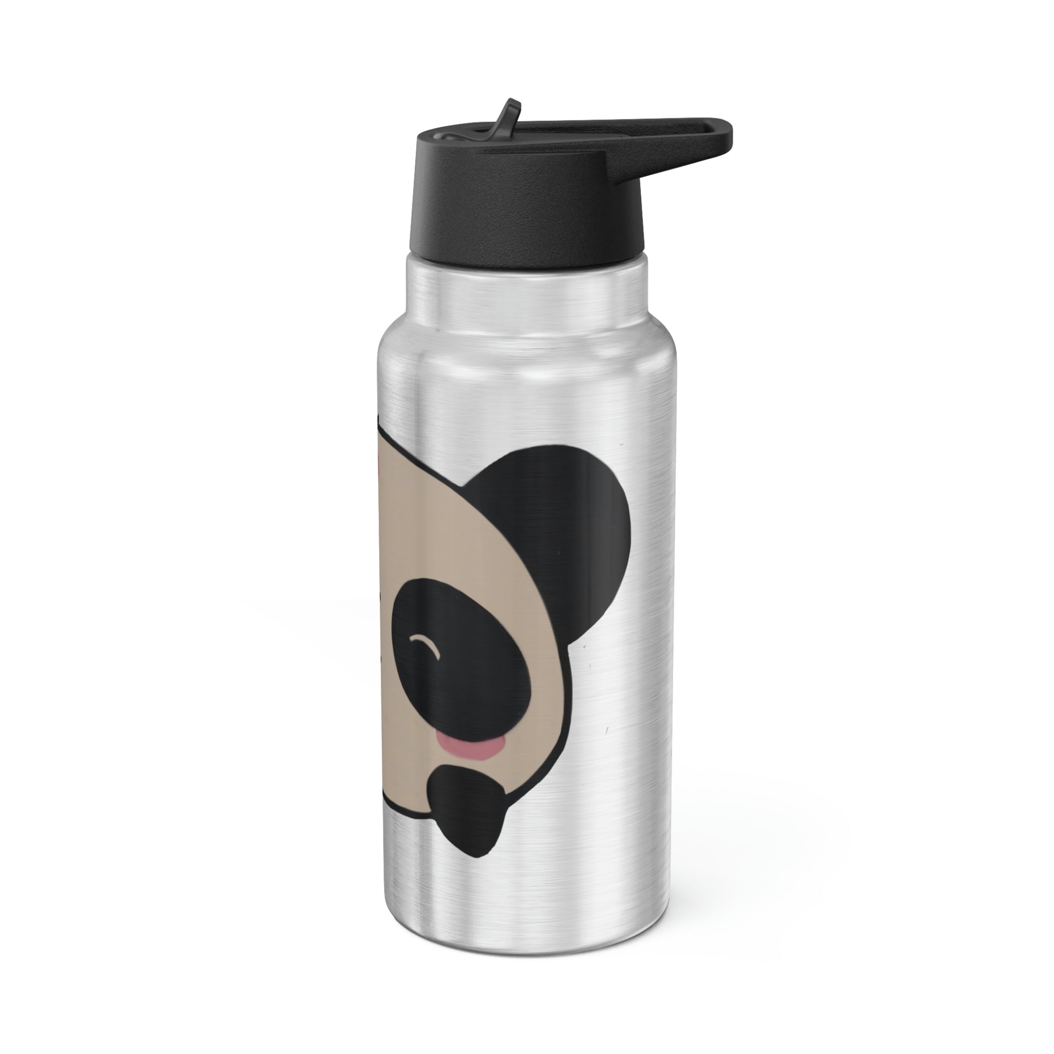 Panda Gator Tumbler in stainless steel with a black screw-on cap and plastic straw, showcasing a customizable design.