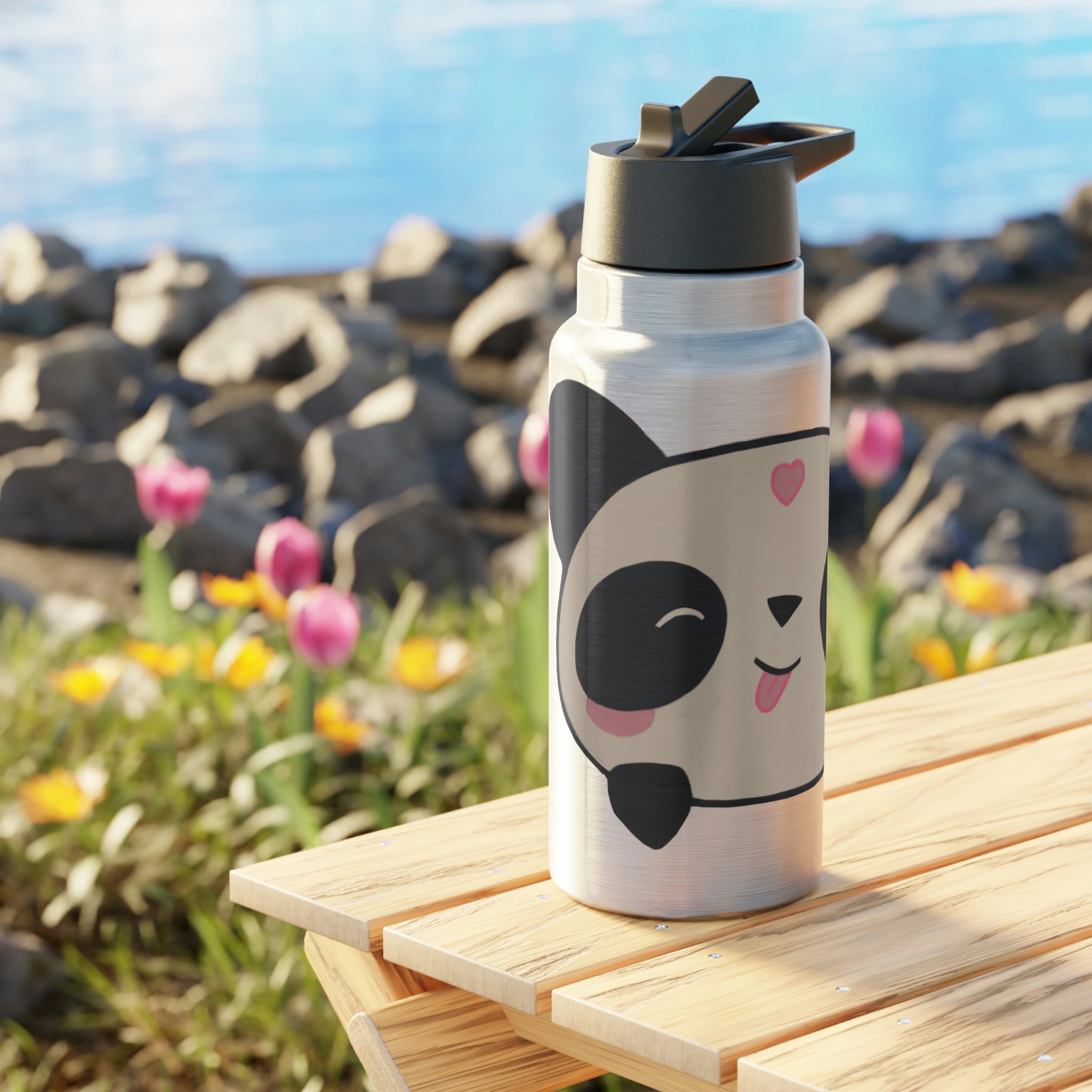 Panda Gator Tumbler in stainless steel with a black screw-on cap and plastic straw, showcasing a customizable design.