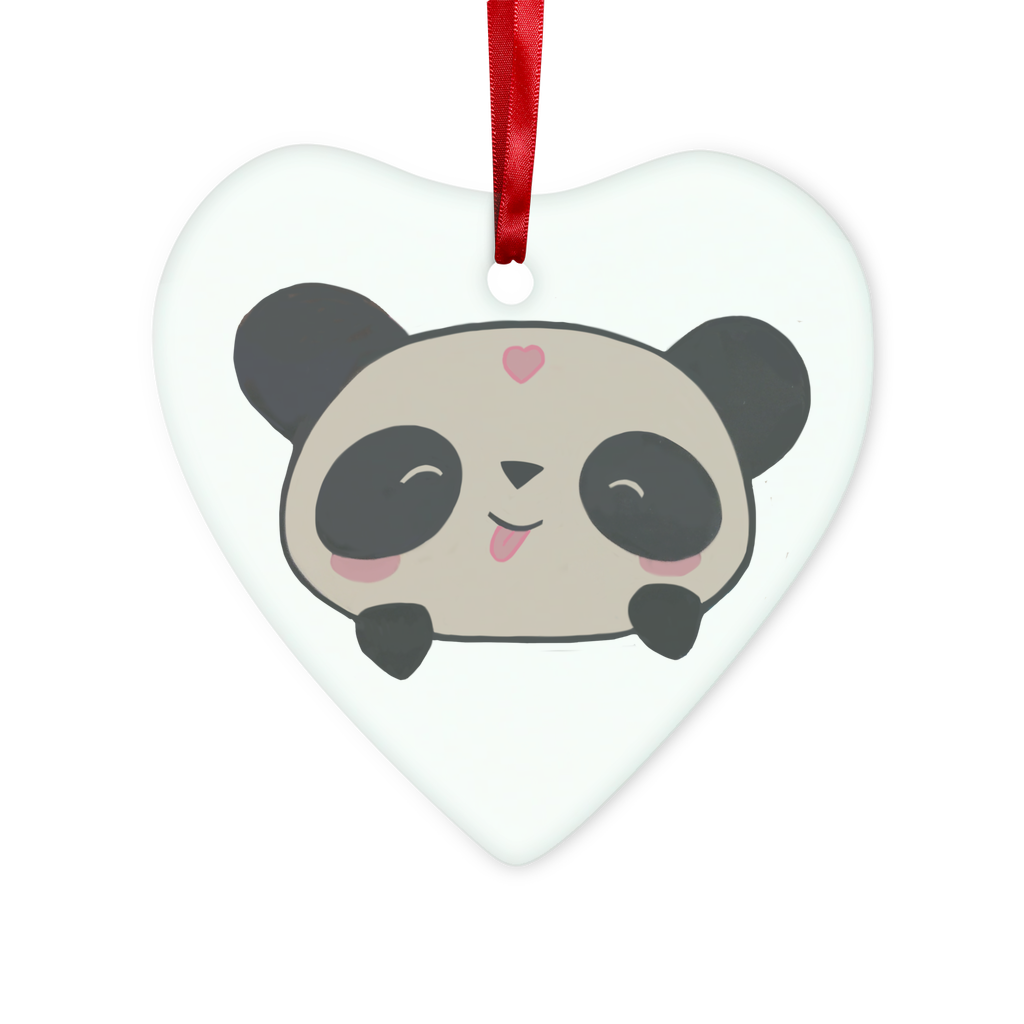 Panda Glass Hanging Ornament featuring a panda design, red ribbon, and gold string, available in round and heart shapes.