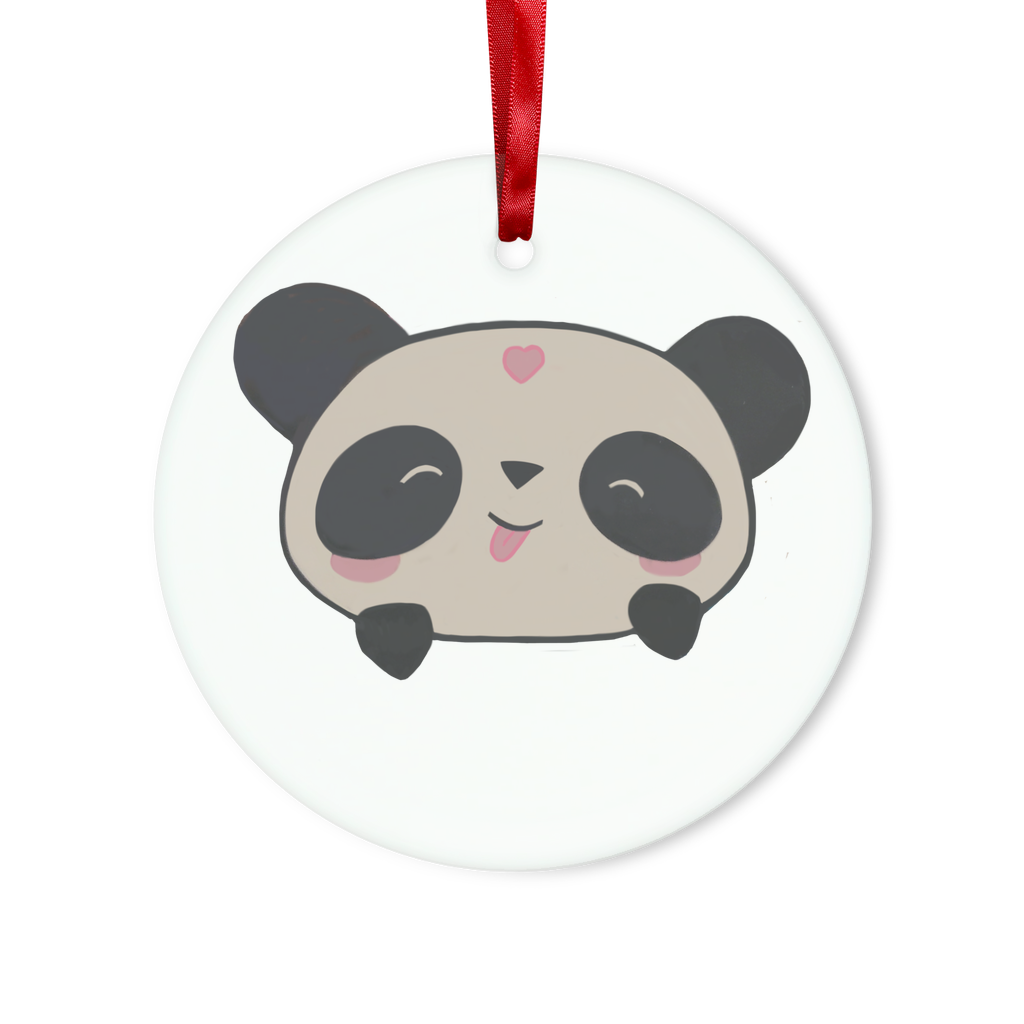 Panda Glass Hanging Ornament featuring a panda design, red ribbon, and gold string, available in round and heart shapes.