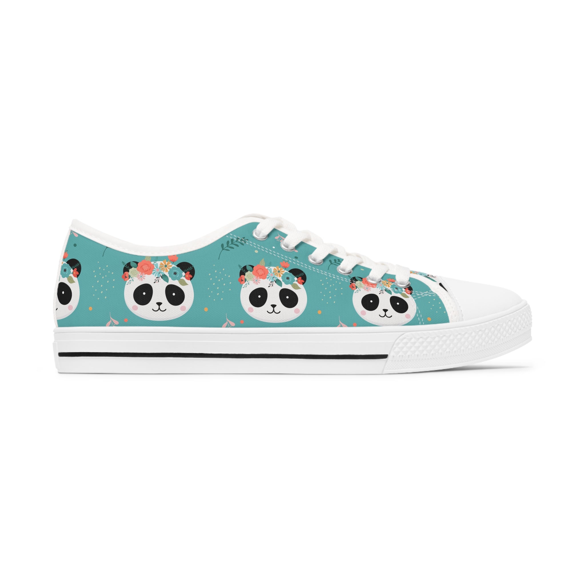 Panda Head Women's Low Top Sneakers in black and white with silver metal eyelets and lace-up closure, showcasing breathable canvas material.