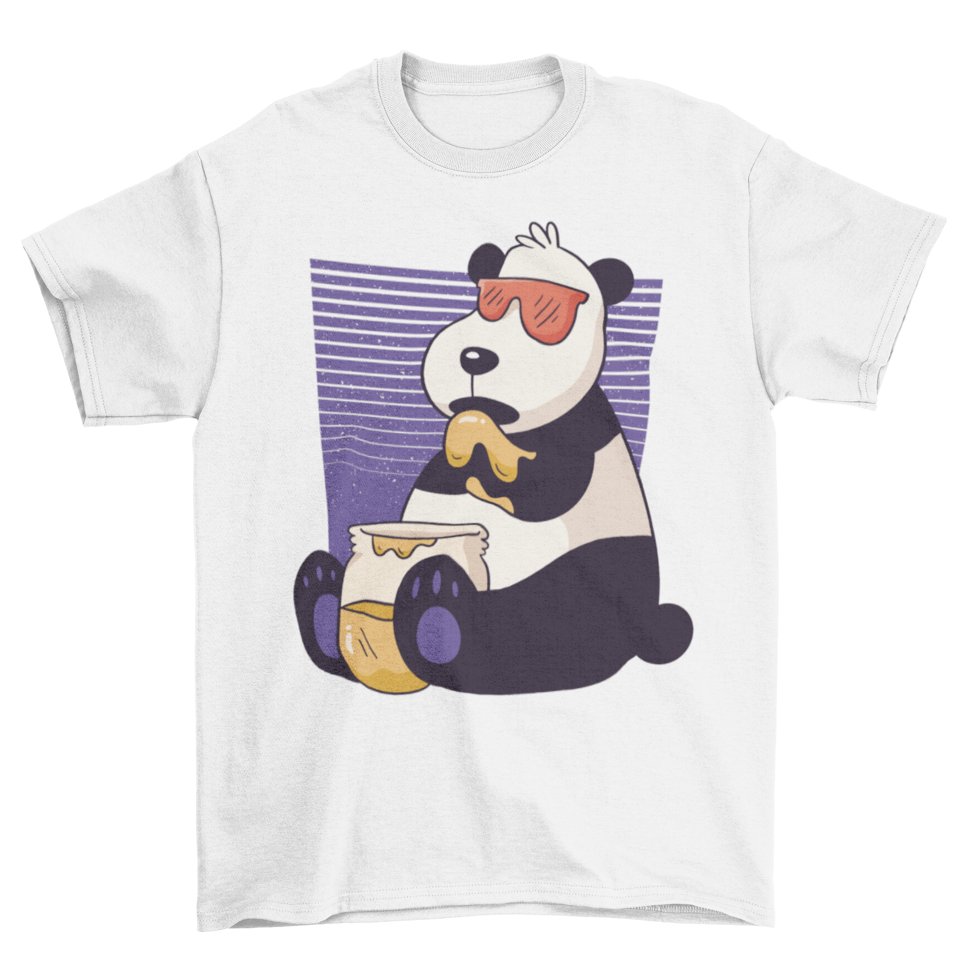 A soft cotton t-shirt featuring a cute panda illustration eating honey, perfect for casual wear.