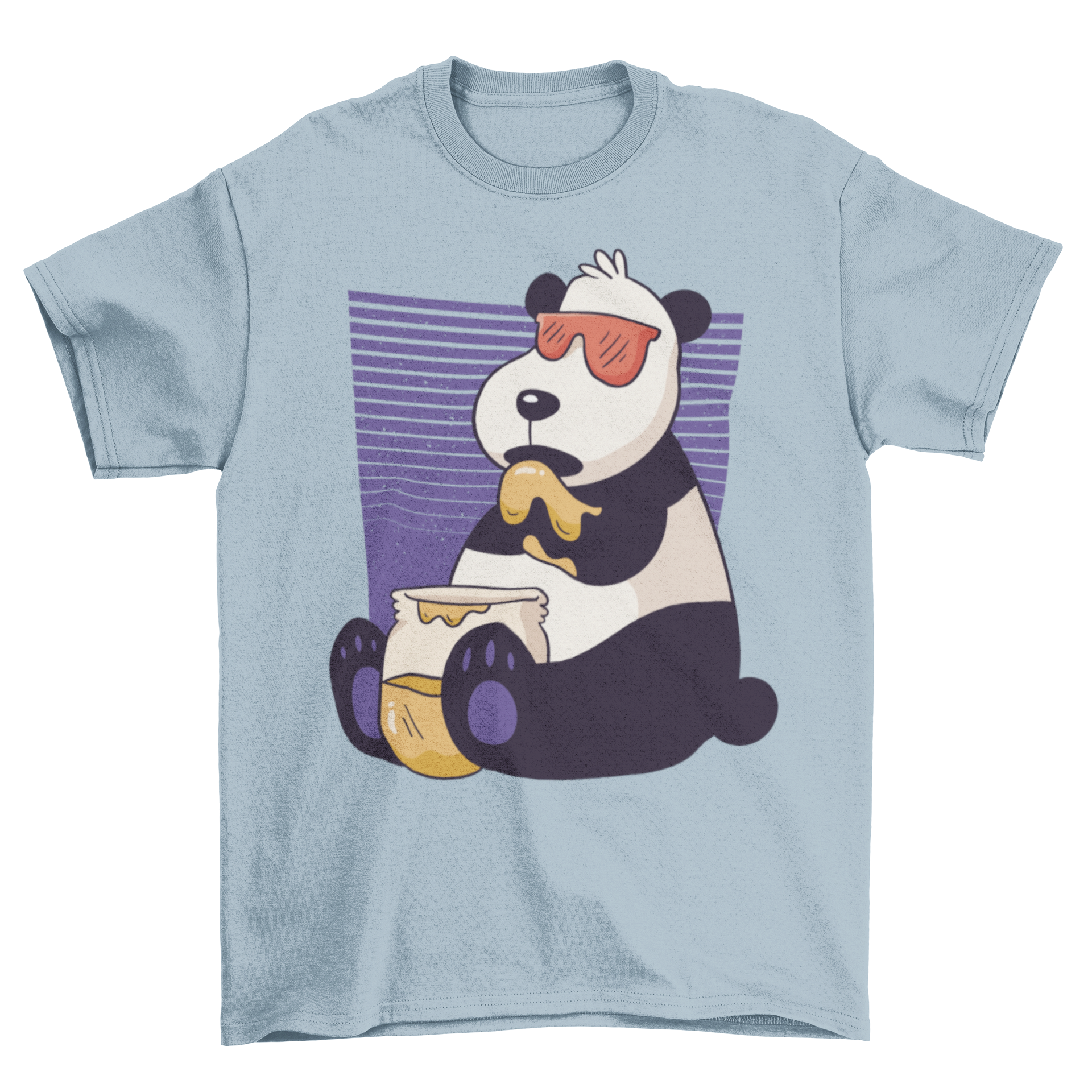 A soft cotton t-shirt featuring a cute panda illustration eating honey, perfect for casual wear.