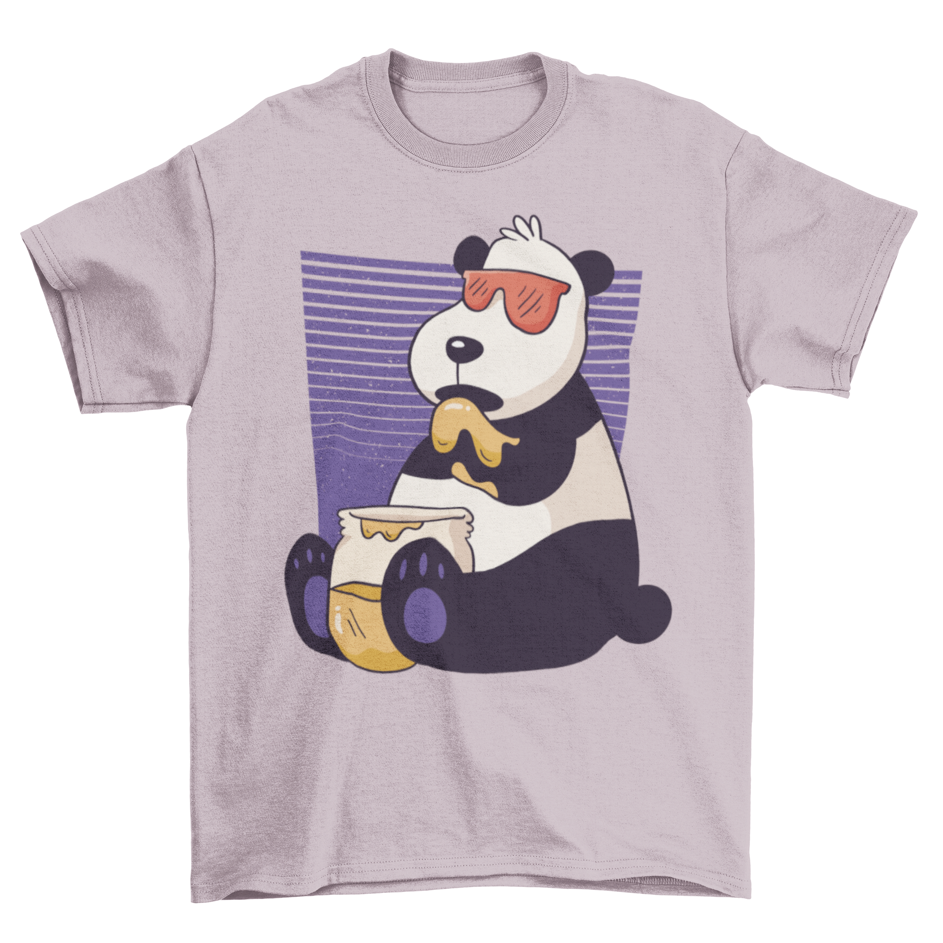 A soft cotton t-shirt featuring a cute panda illustration eating honey, perfect for casual wear.