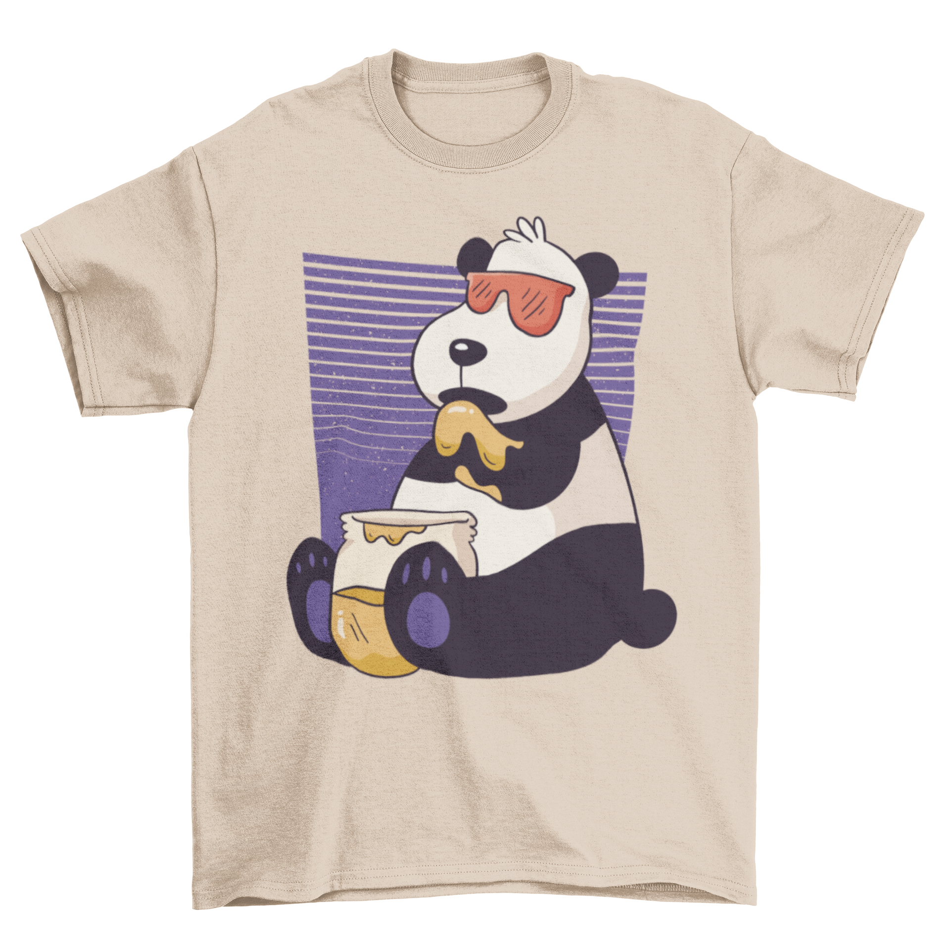 A soft cotton t-shirt featuring a cute panda illustration eating honey, perfect for casual wear.