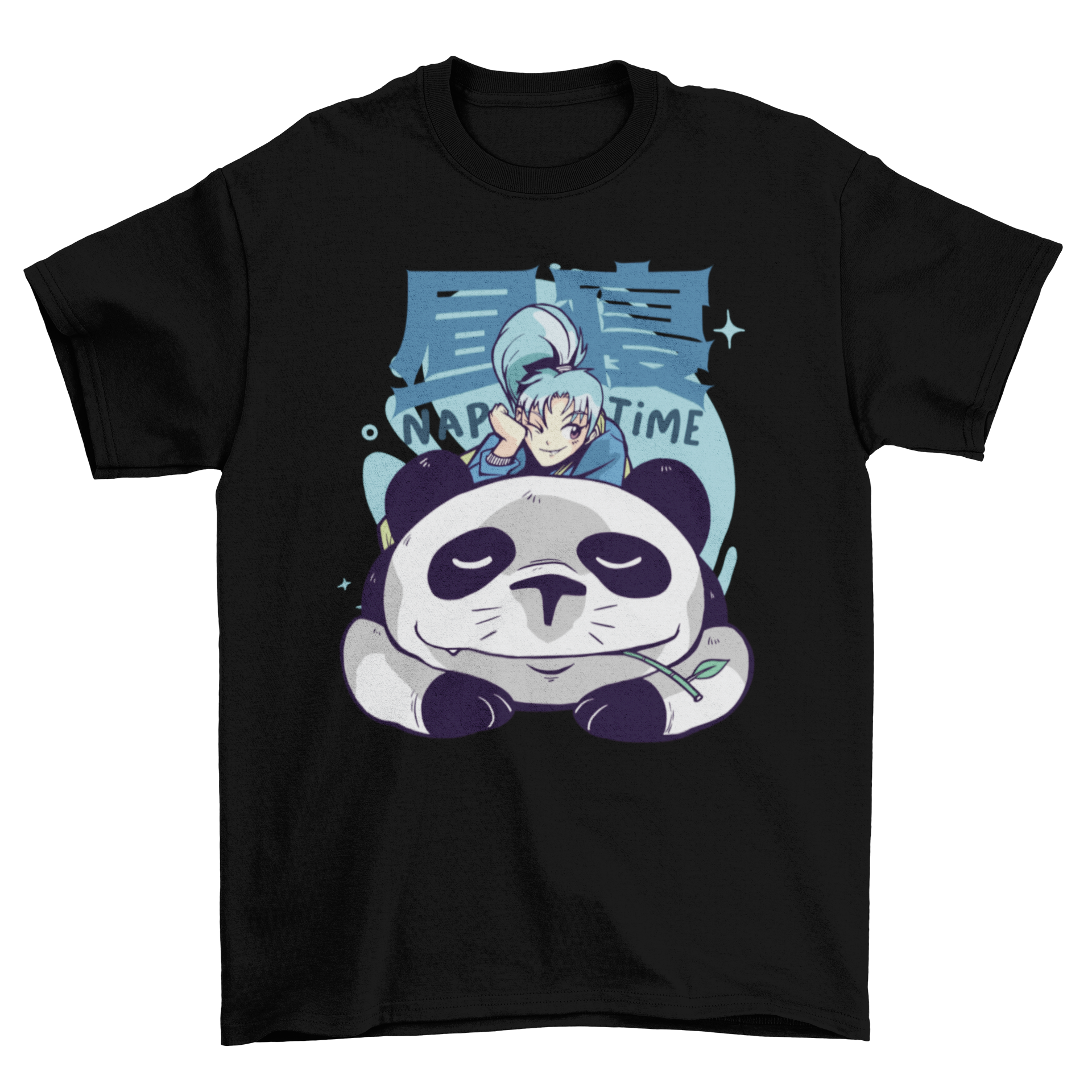 A cute anime-style t-shirt featuring a sleeping panda design, perfect for casual wear.