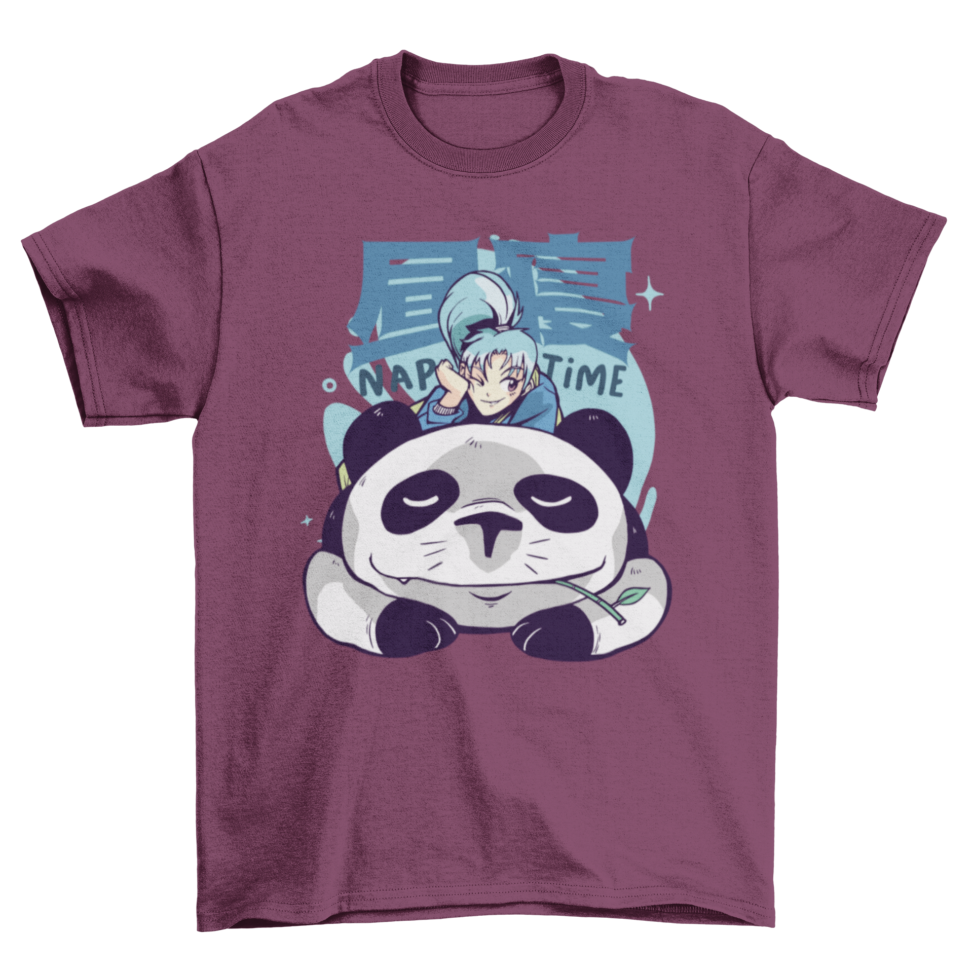 A cute anime-style t-shirt featuring a sleeping panda design, perfect for casual wear.