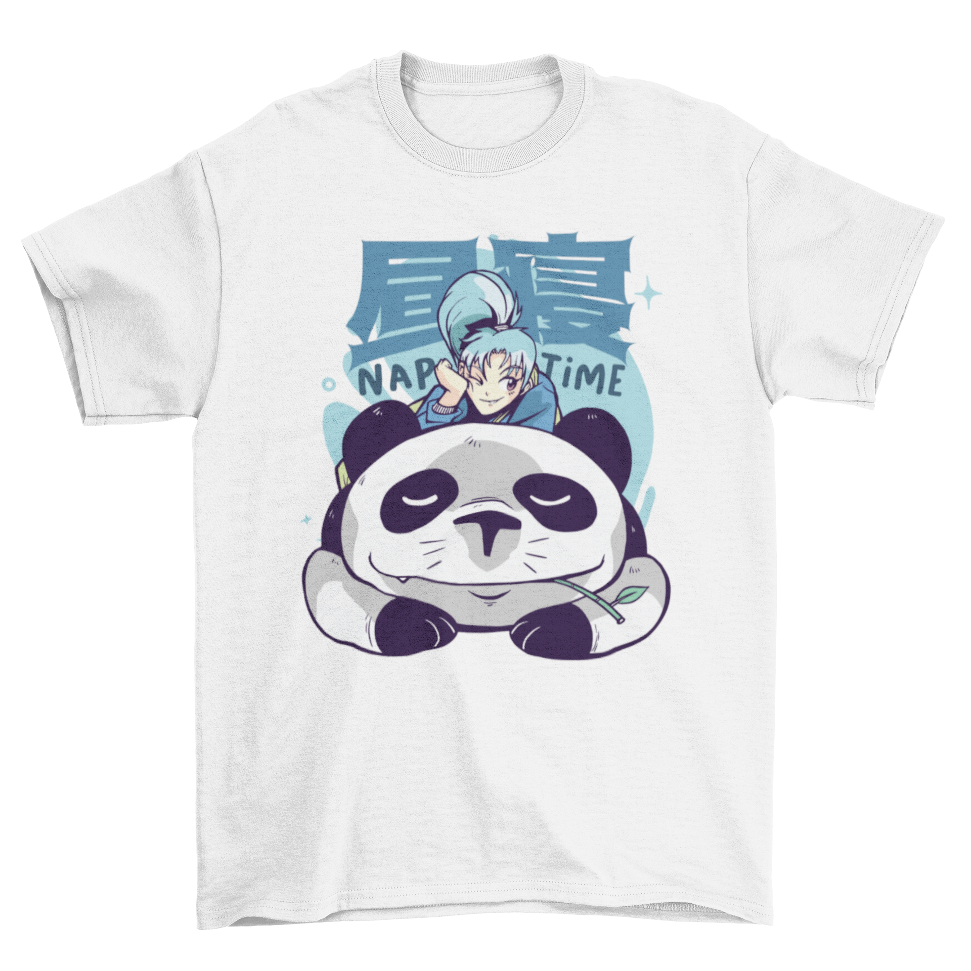 A cute anime-style t-shirt featuring a sleeping panda design, perfect for casual wear.