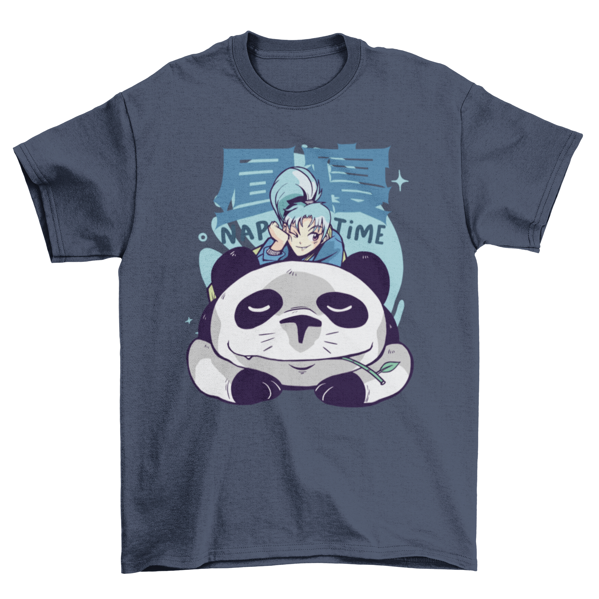 A cute anime-style t-shirt featuring a sleeping panda design, perfect for casual wear.