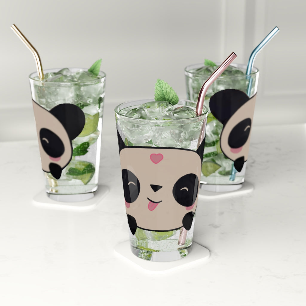 A clear 16oz Panda Pint Glass showcasing a customizable design, perfect for beverages.