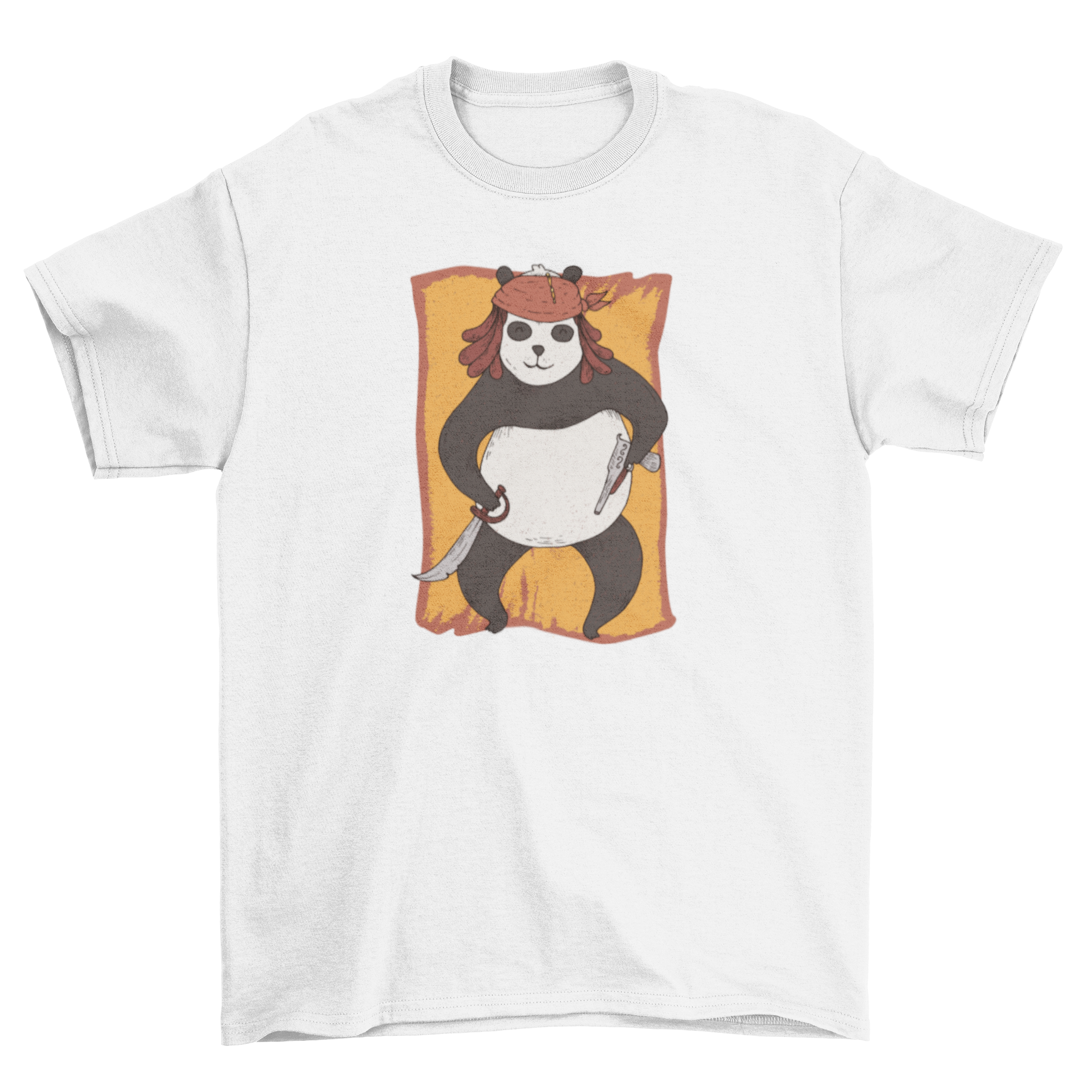 A cute Panda dressed as a pirate, holding a sword, printed on a stylish T-shirt.