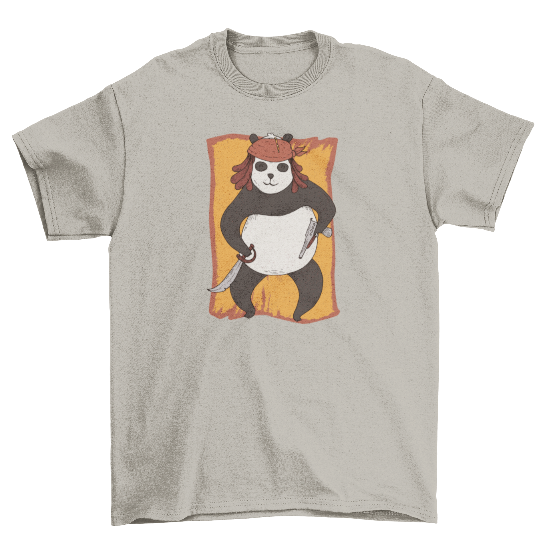 A cute Panda dressed as a pirate, holding a sword, printed on a stylish T-shirt.