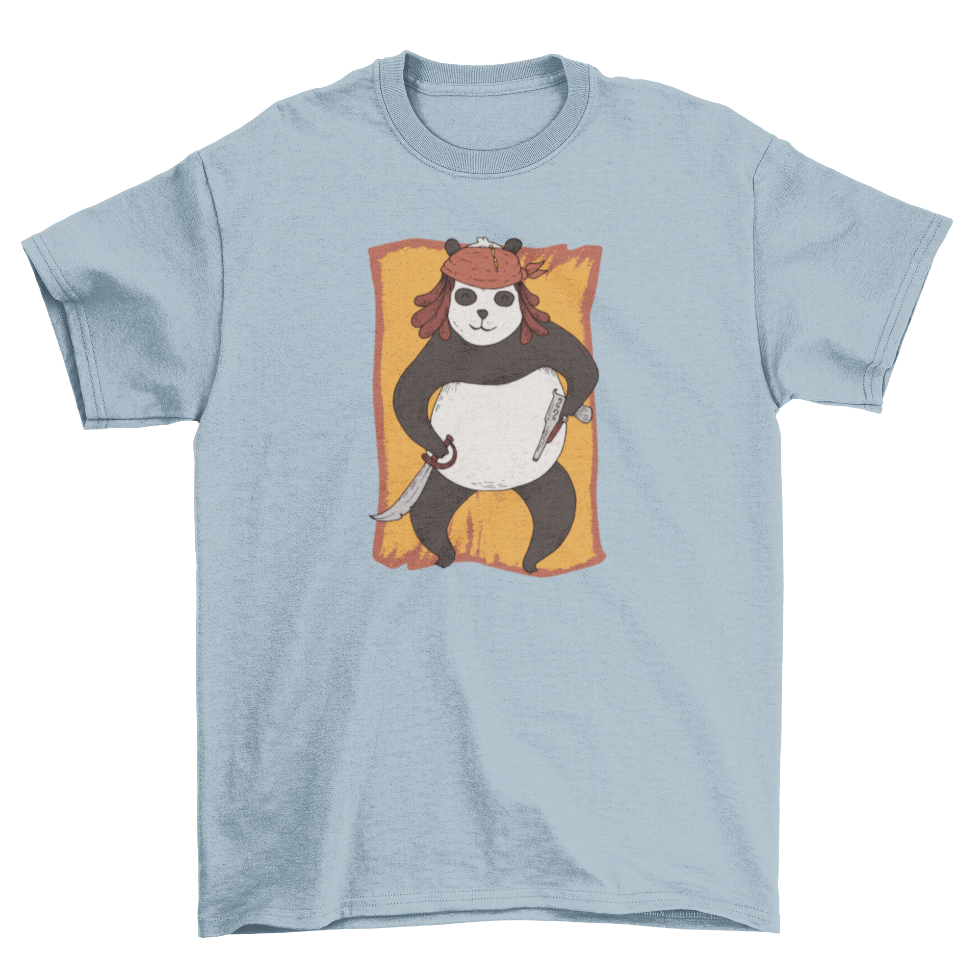 A cute Panda dressed as a pirate, holding a sword, printed on a stylish T-shirt.