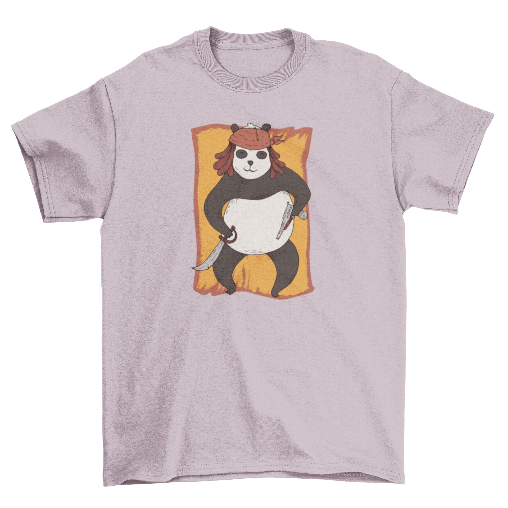 A cute Panda dressed as a pirate, holding a sword, printed on a stylish T-shirt.