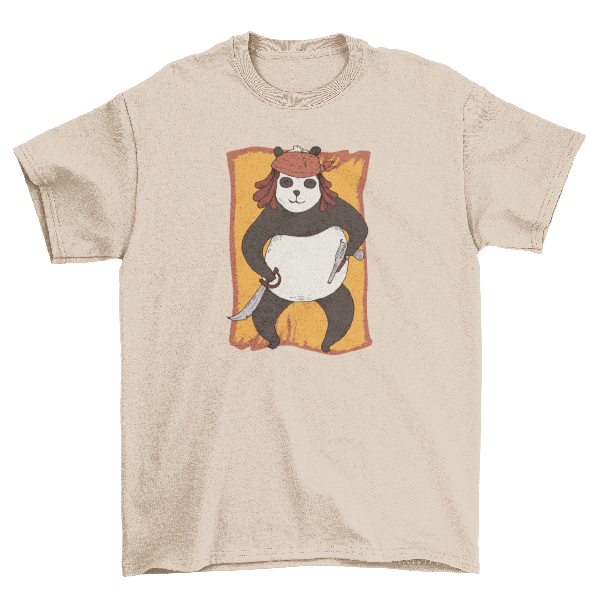 A cute Panda dressed as a pirate, holding a sword, printed on a stylish T-shirt.