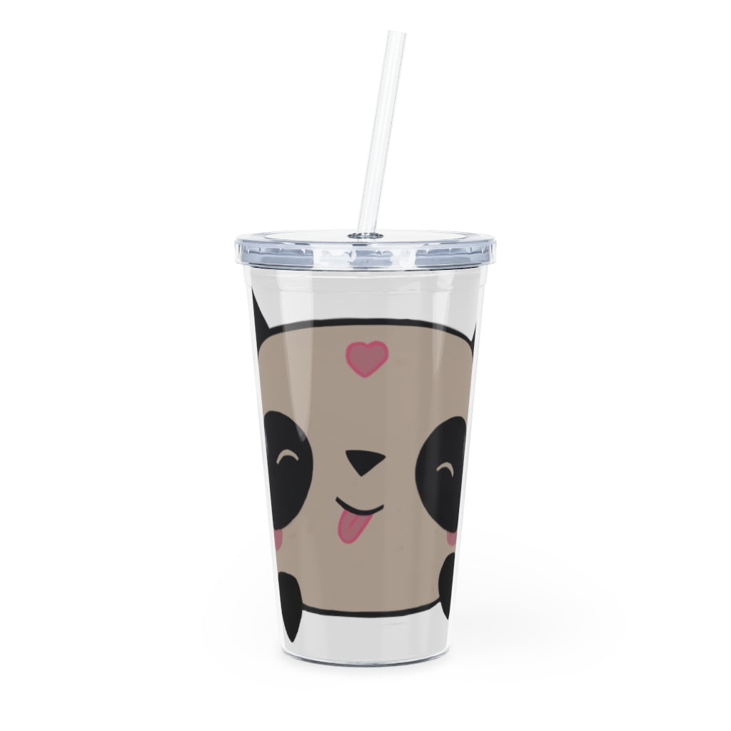 Panda Plastic Tumbler with Straw, featuring a customizable design and double wall insulation, perfect for drinks at events.