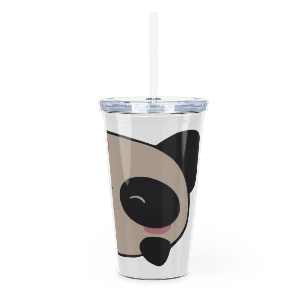 Panda Plastic Tumbler with Straw, featuring a customizable design and double wall insulation, perfect for drinks at events.