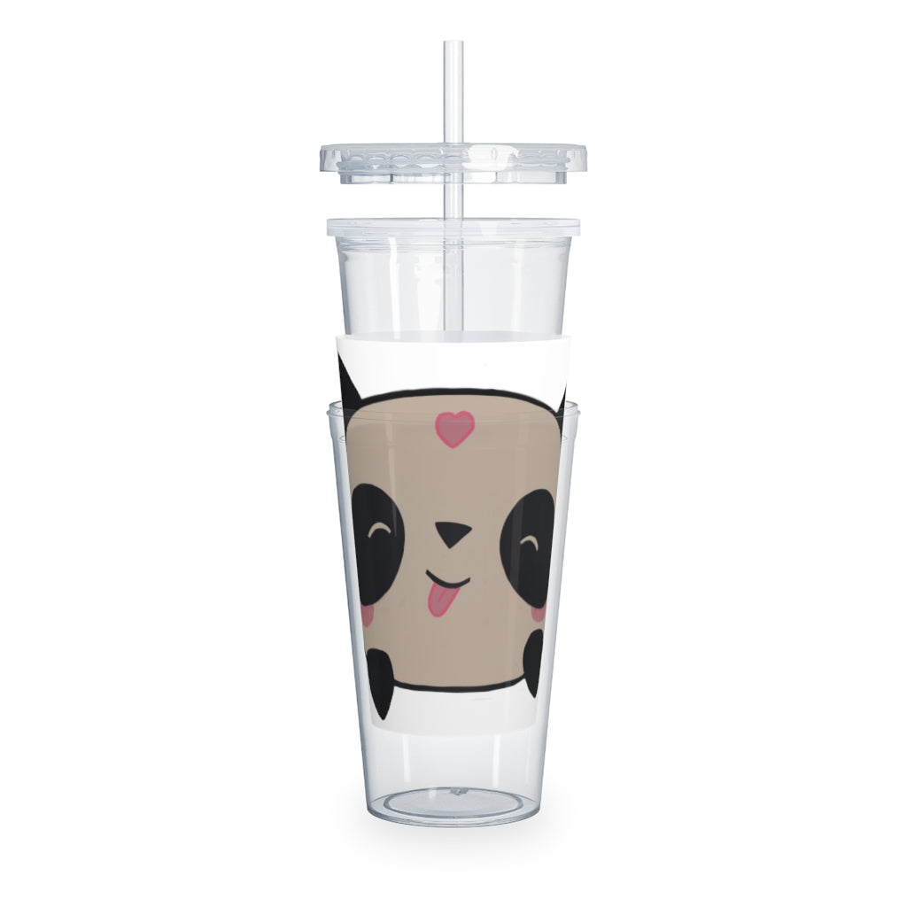 Panda Plastic Tumbler with Straw, featuring a customizable design and double wall insulation, perfect for drinks at events.