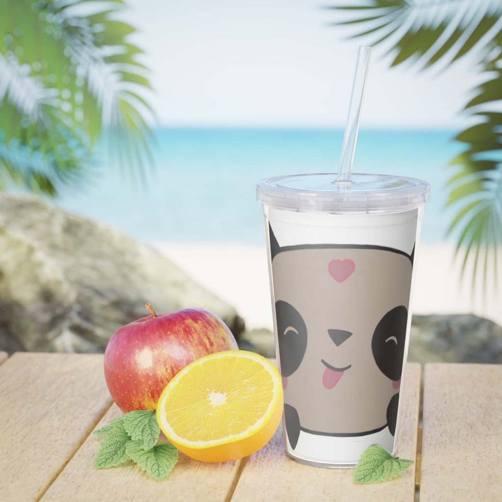 Panda Plastic Tumbler with Straw, featuring a customizable design and double wall insulation, perfect for drinks at events.