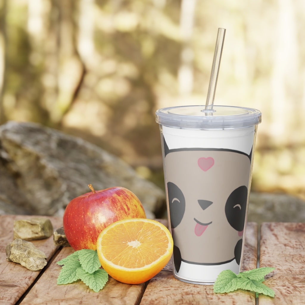 Panda Plastic Tumbler with Straw, featuring a customizable design and double wall insulation, perfect for drinks at events.