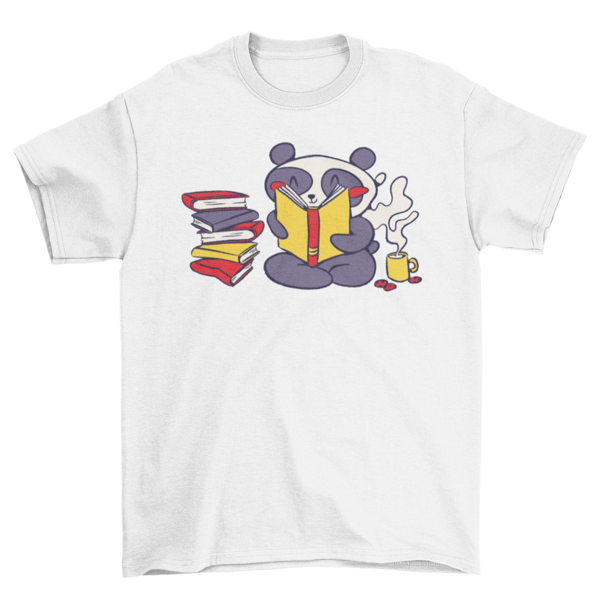 A cute t-shirt featuring a panda reading books, showcasing a whimsical design.