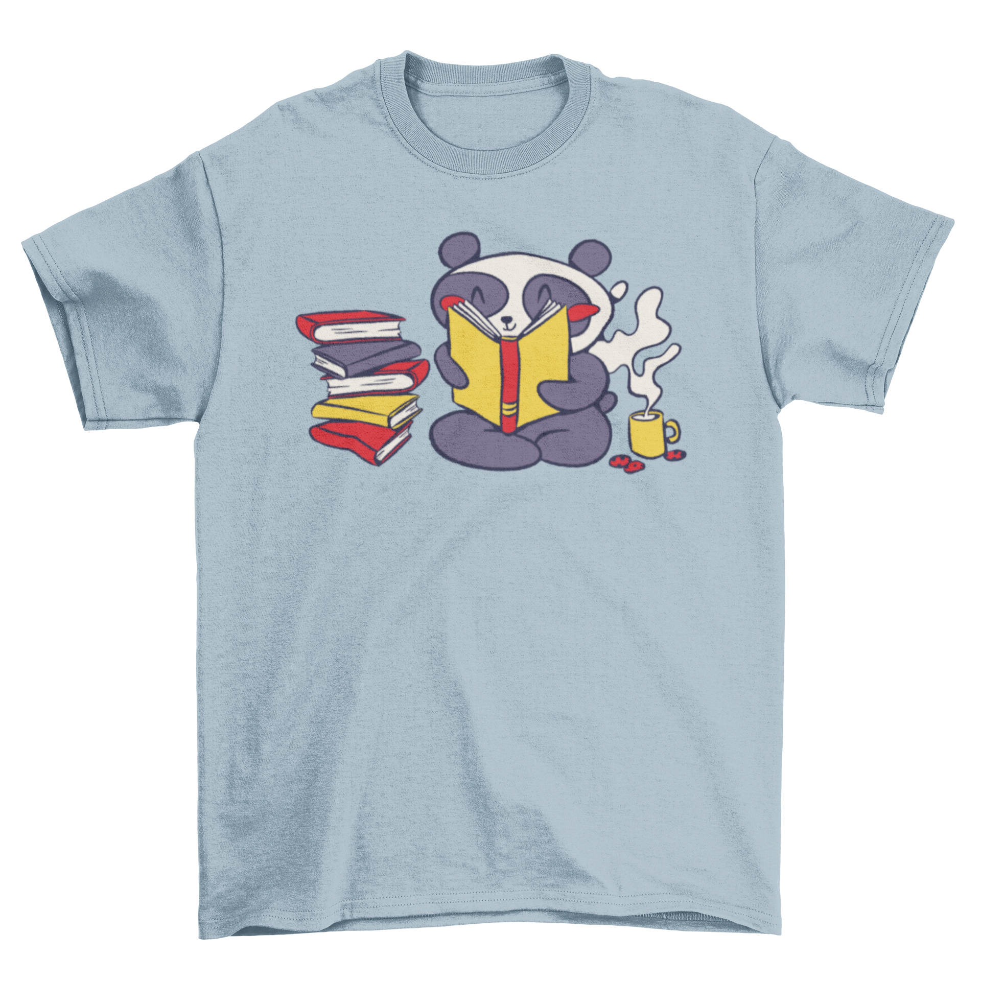 A cute t-shirt featuring a panda reading books, showcasing a whimsical design.