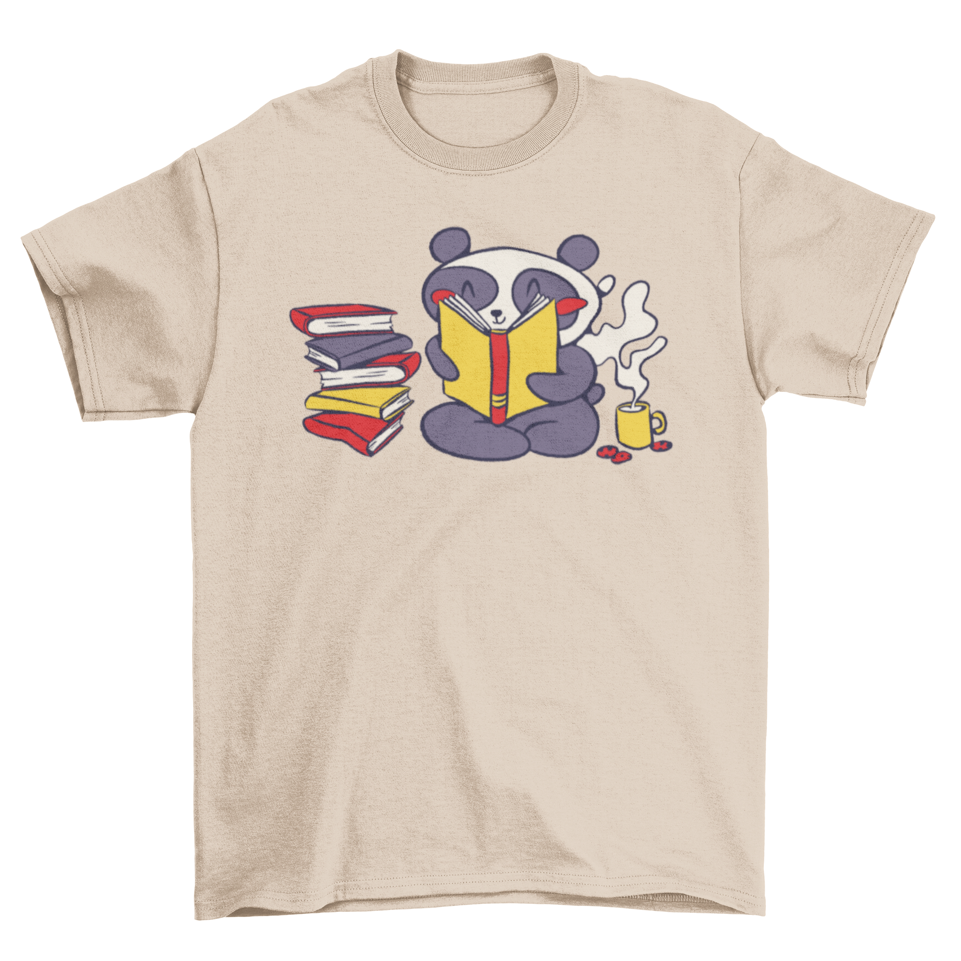 A cute t-shirt featuring a panda reading books, showcasing a whimsical design.