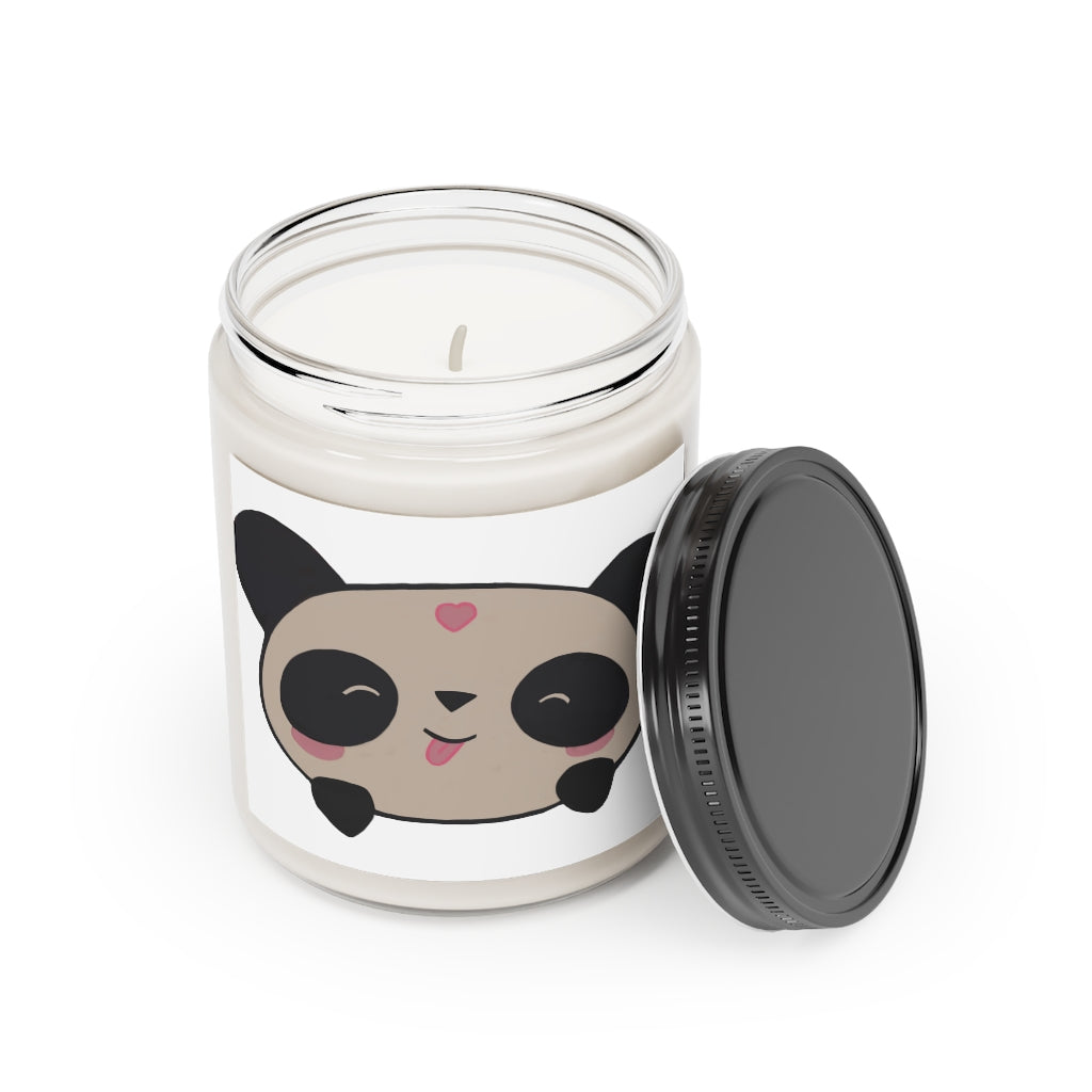 Panda Scented Candle in a glass container, featuring a permanent label, showcasing its vegan soy coconut wax and soothing fragrances.