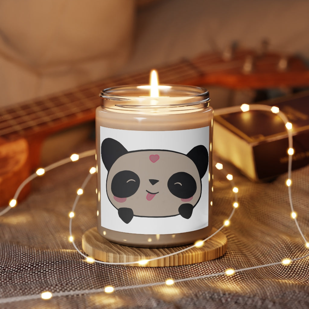 Panda Scented Candle in a glass container, featuring a permanent label, showcasing its vegan soy coconut wax and soothing fragrances.