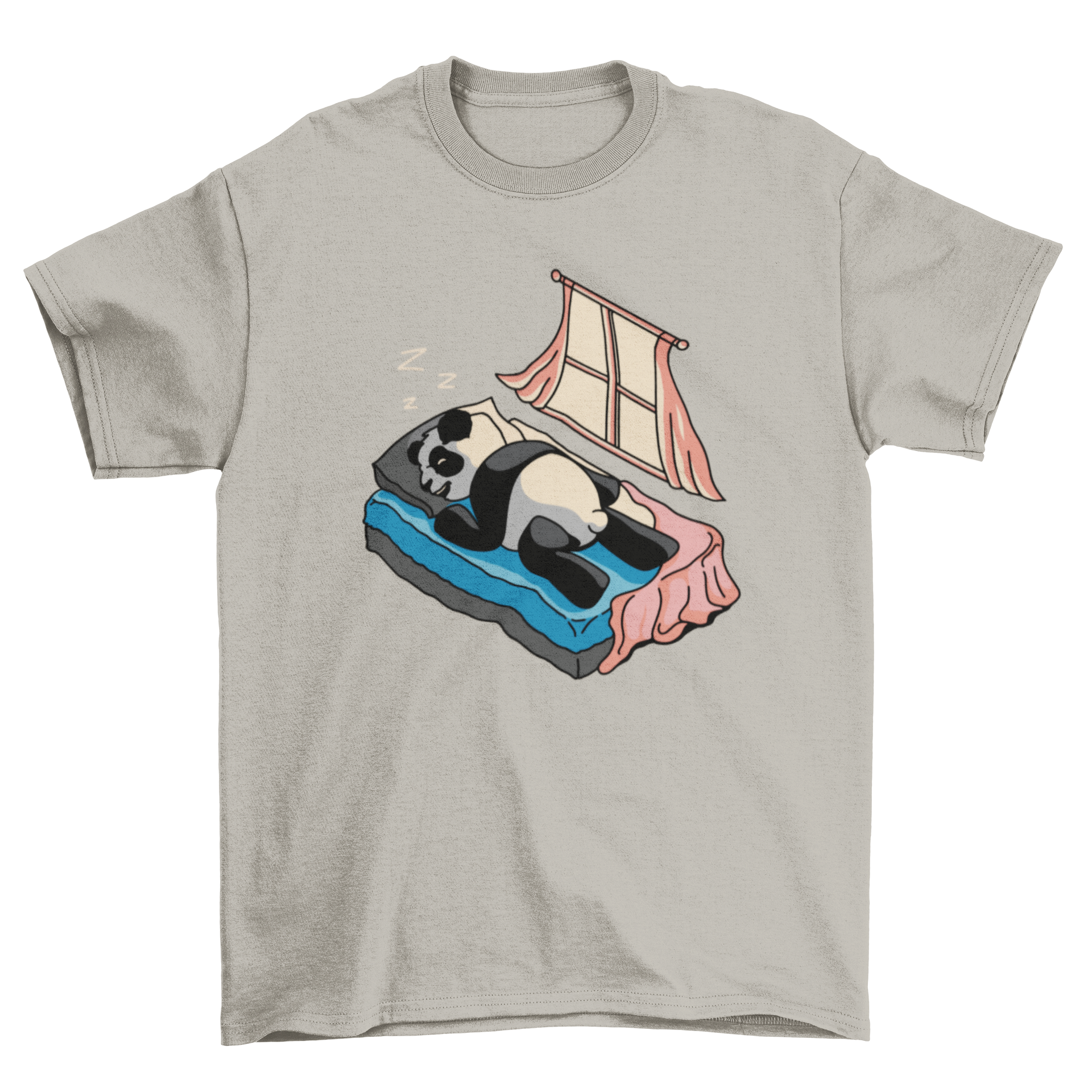 Illustration of a cute panda sleeping on a bed, featured on a comfortable t-shirt.