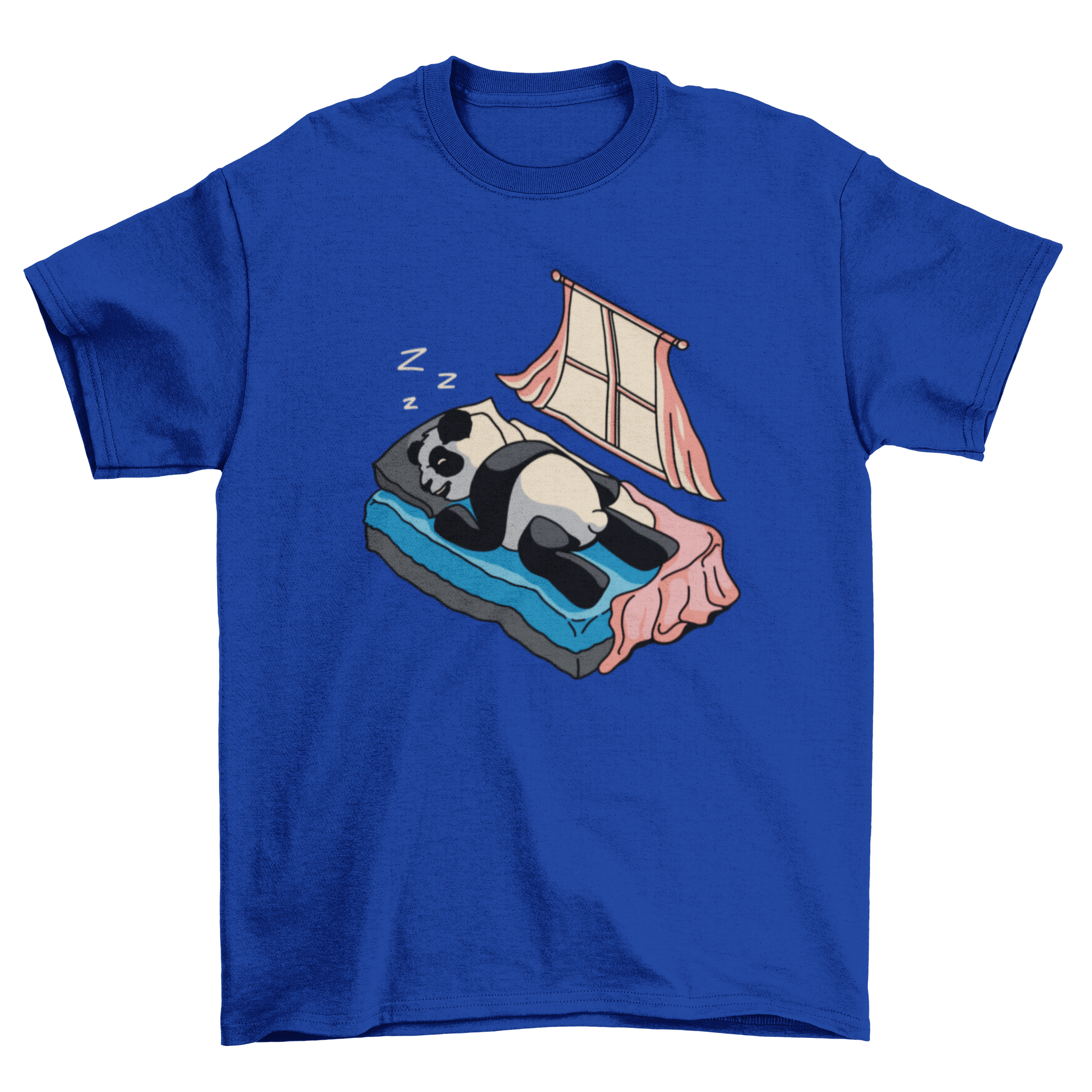 Illustration of a cute panda sleeping on a bed, featured on a comfortable t-shirt.