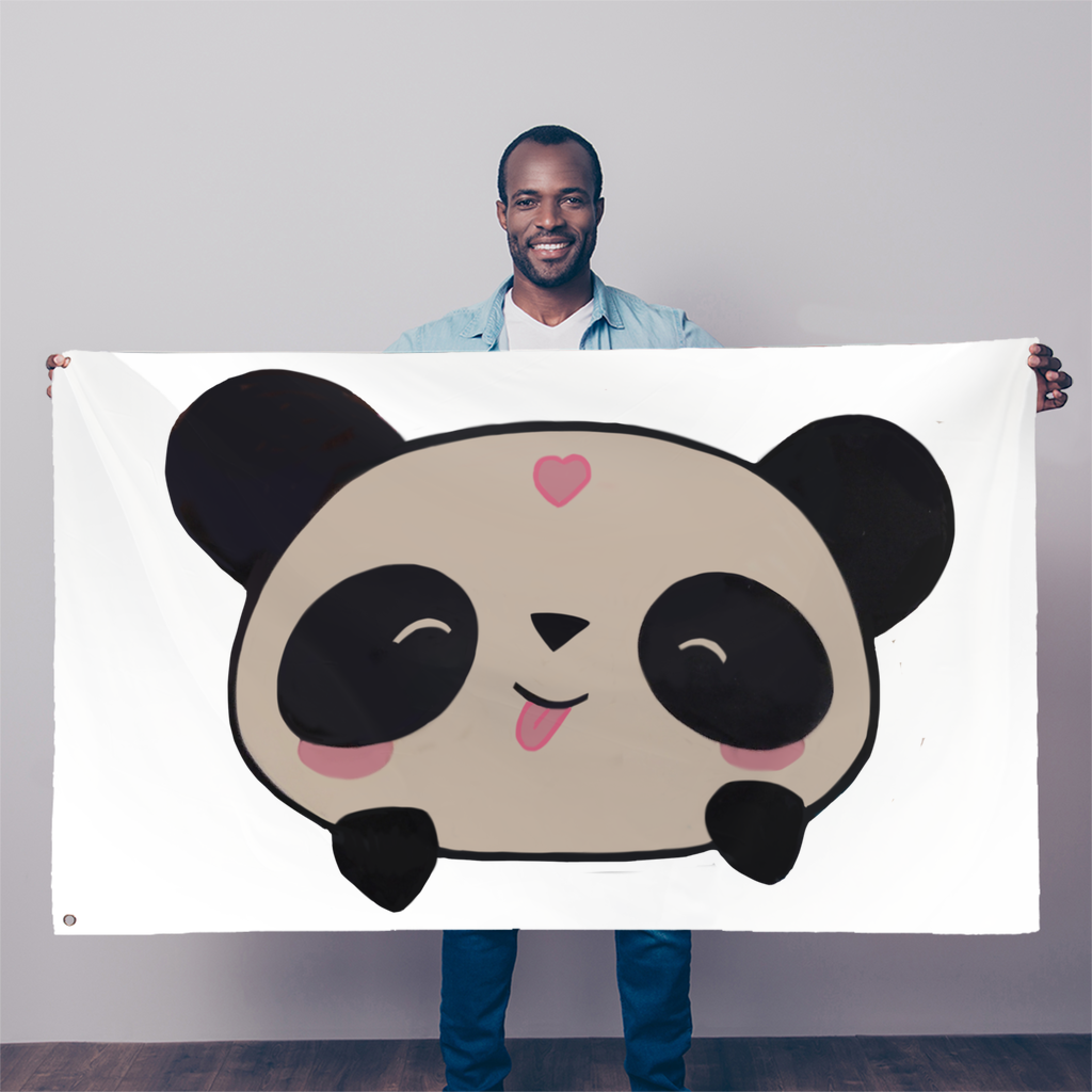 A vibrant Panda Sublimation Flag measuring 5FT x 3FT, made of durable polyester with double-stitched edges and eyelets for easy hanging.