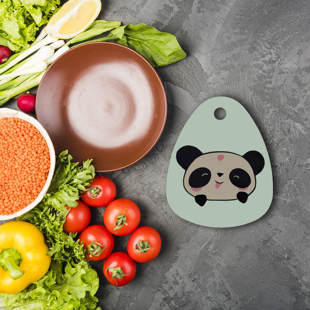 Panda Sublimation Glass Cutting Board with custom design options, featuring a round shape and rubber feet for stability.