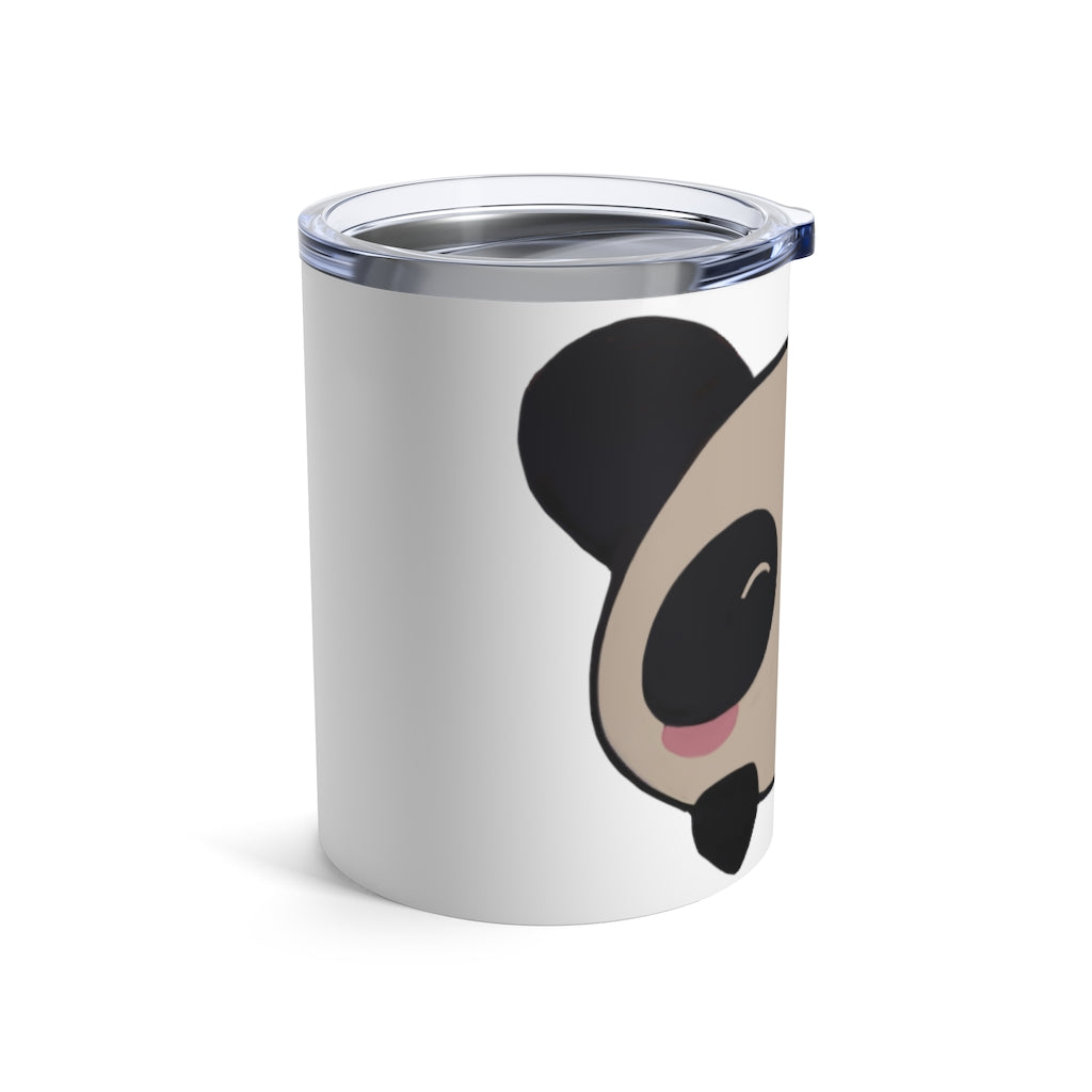 Panda Tumbler 10oz in stainless steel with a see-thru plastic lid, showcasing its sleek design and rounded corners.