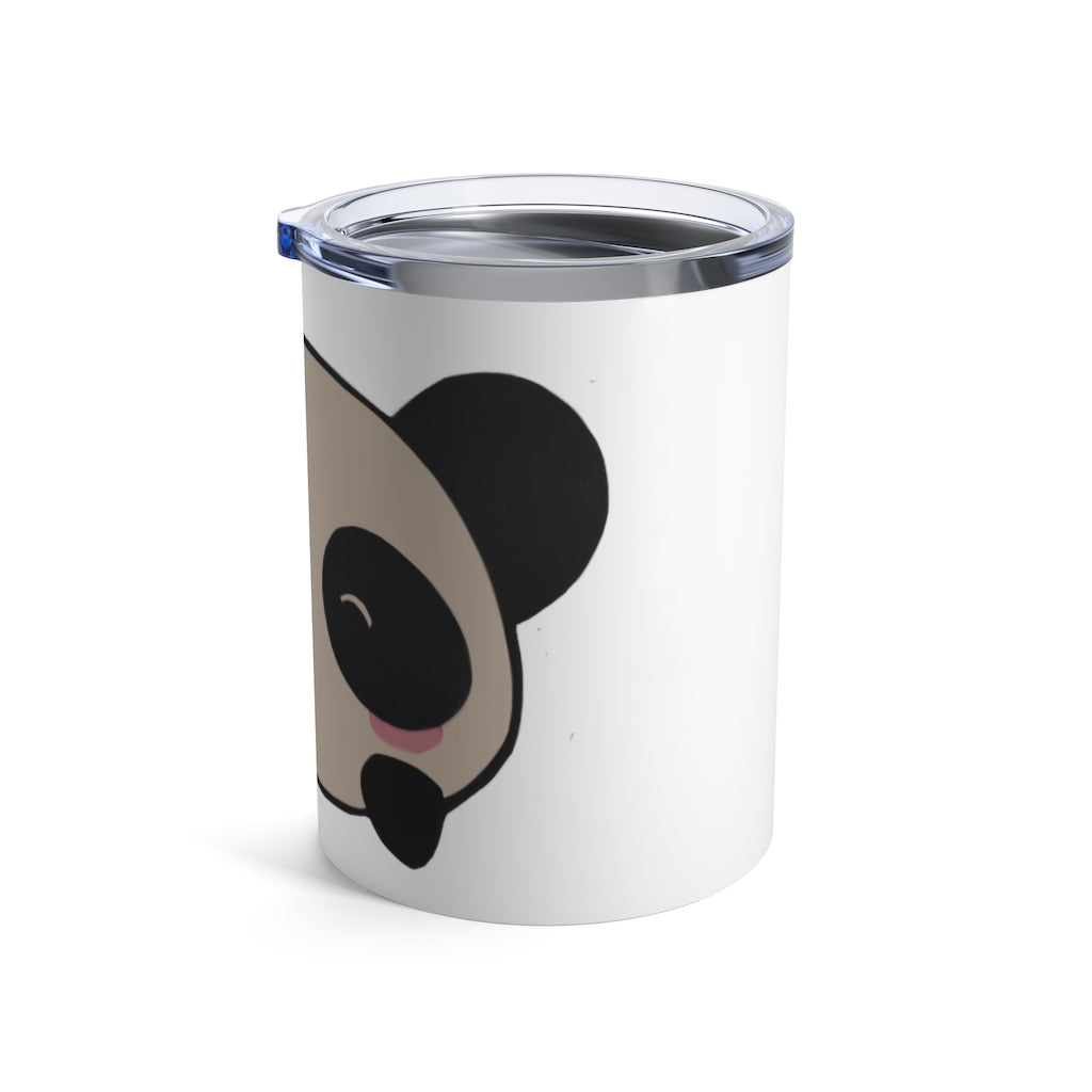 Panda Tumbler 10oz in stainless steel with a see-thru plastic lid, showcasing its sleek design and rounded corners.