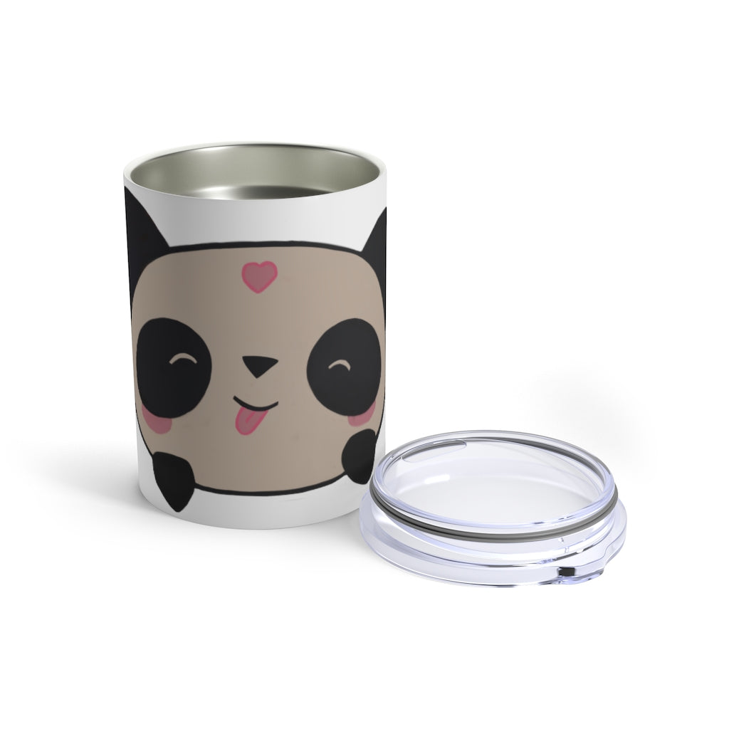 Panda Tumbler 10oz in stainless steel with a see-thru plastic lid, showcasing its sleek design and rounded corners.