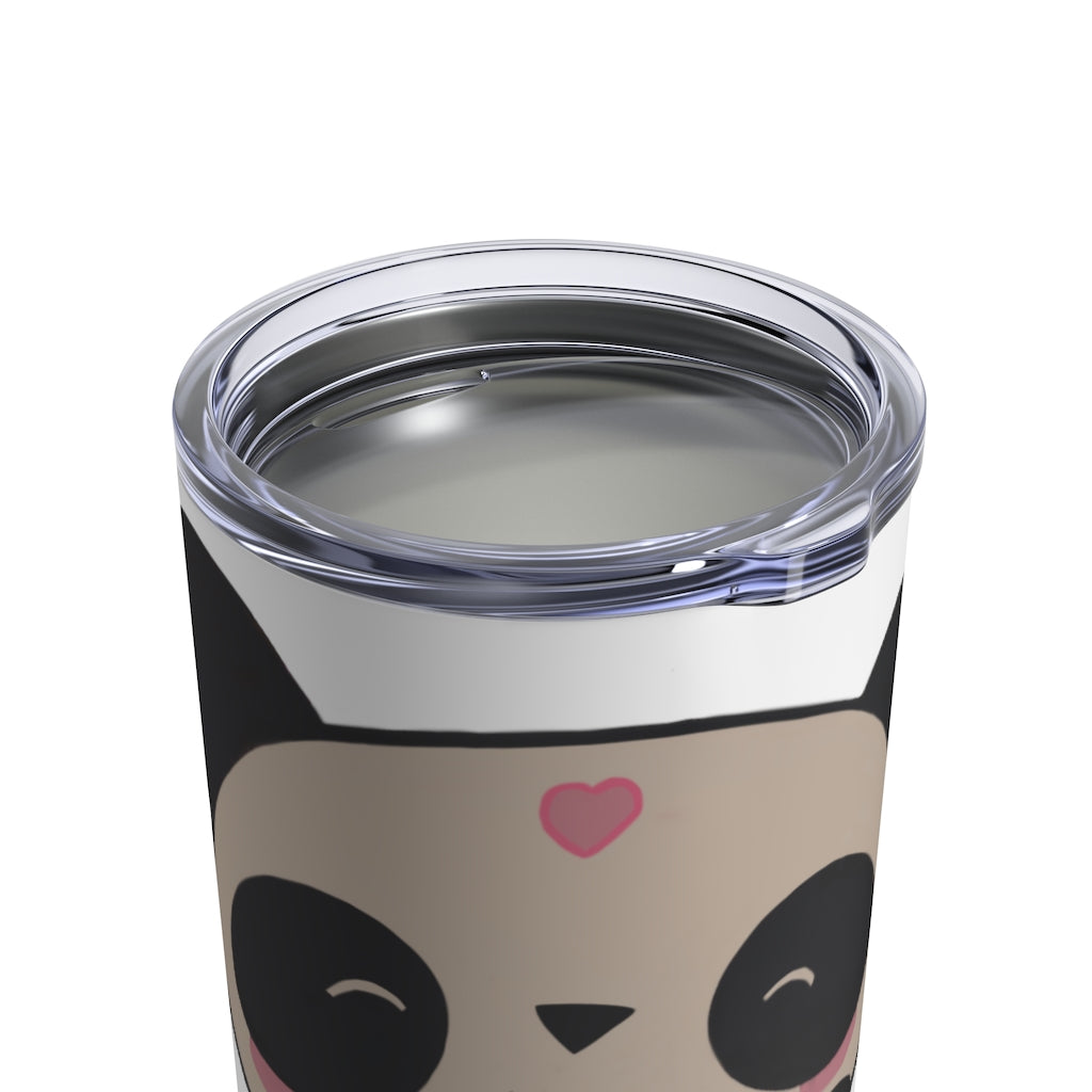 Panda Tumbler 10oz in stainless steel with a see-thru plastic lid, showcasing its sleek design and rounded corners.