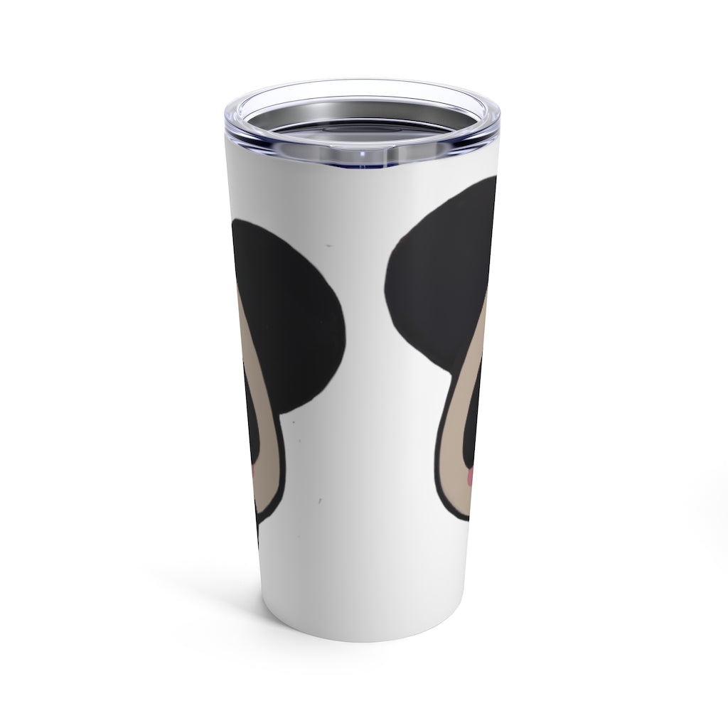 Panda Tumbler 20oz in stainless steel with a see-thru plastic lid, showcasing its sleek design and rounded corners.