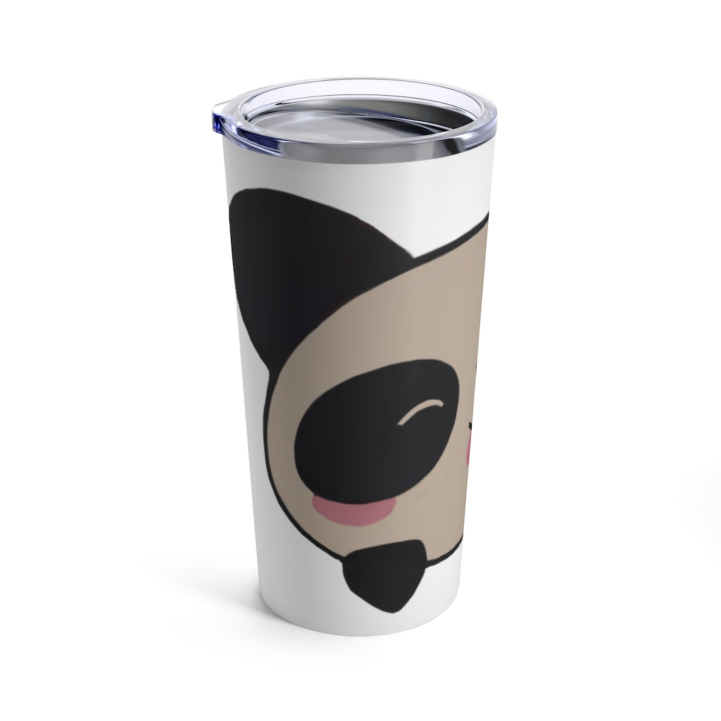 Panda Tumbler 20oz in stainless steel with a see-thru plastic lid, showcasing its sleek design and rounded corners.