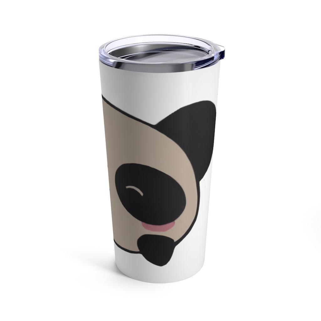 Panda Tumbler 20oz in stainless steel with a see-thru plastic lid, showcasing its sleek design and rounded corners.