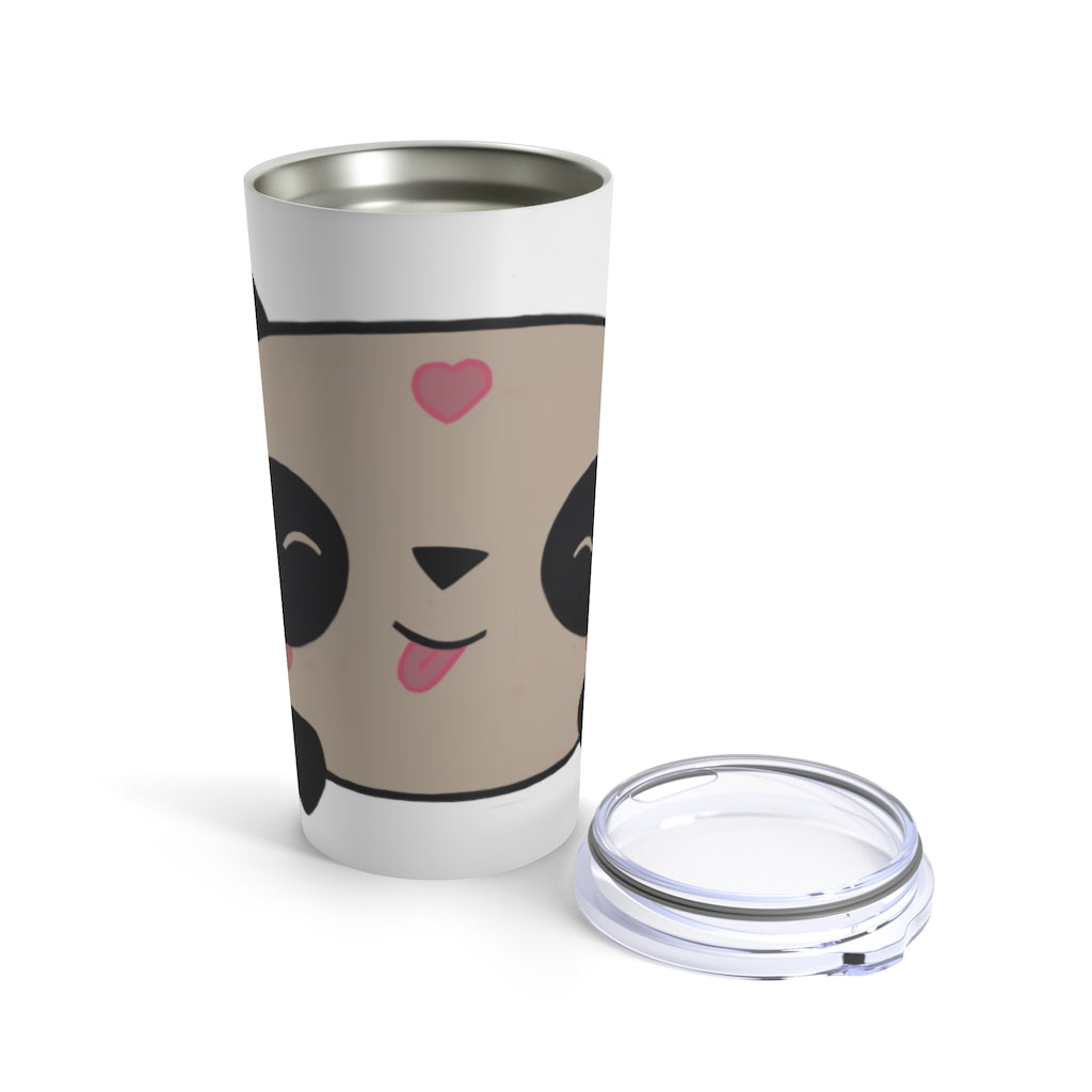 Panda Tumbler 20oz in stainless steel with a see-thru plastic lid, showcasing its sleek design and rounded corners.