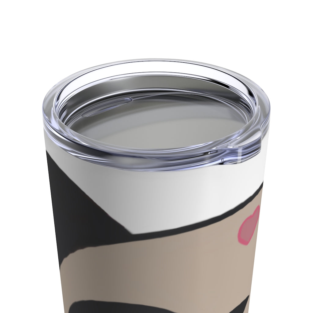 Panda Tumbler 20oz in stainless steel with a see-thru plastic lid, showcasing its sleek design and rounded corners.