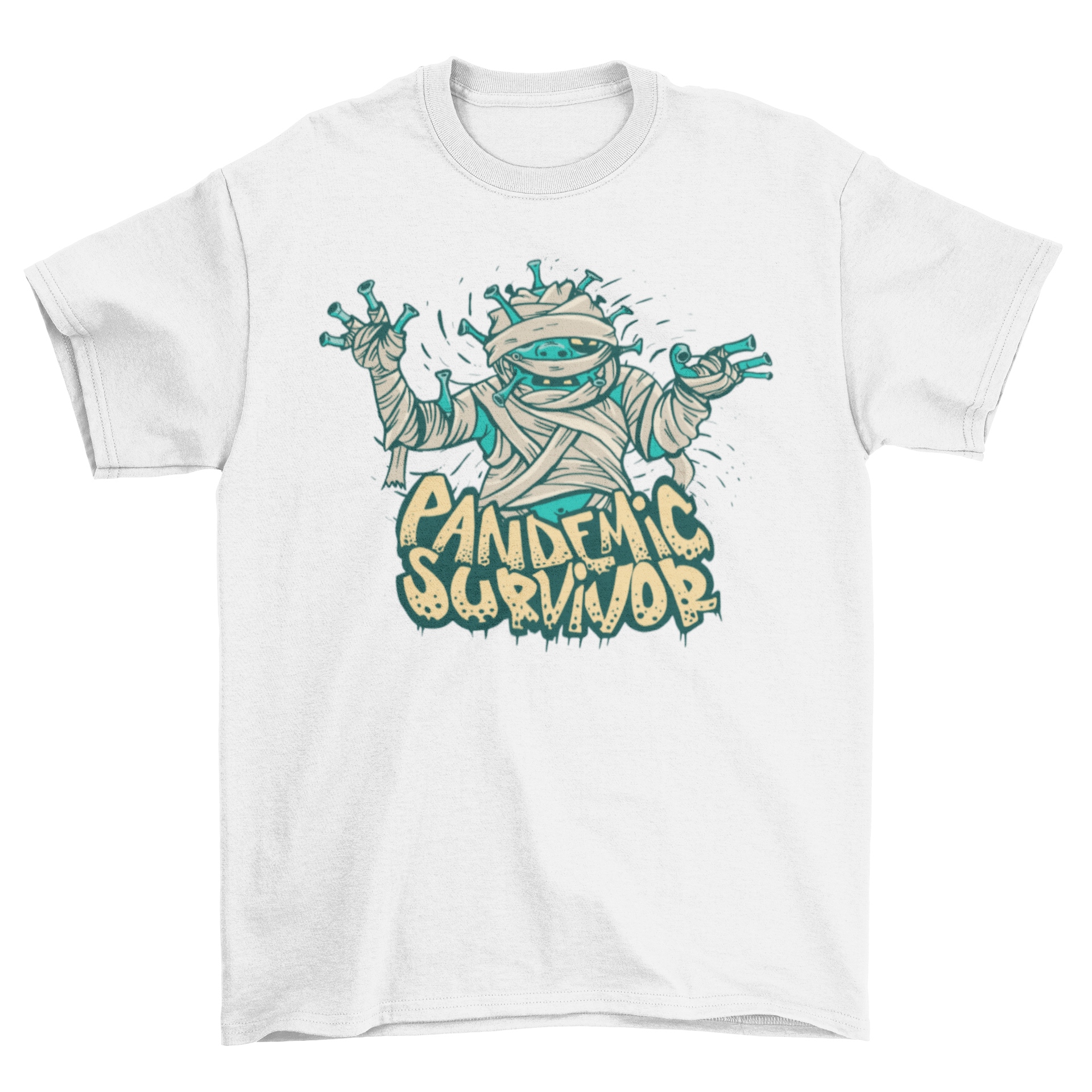 Pandemic Survivor T-shirt featuring a creative coronavirus mummy design with bold text.