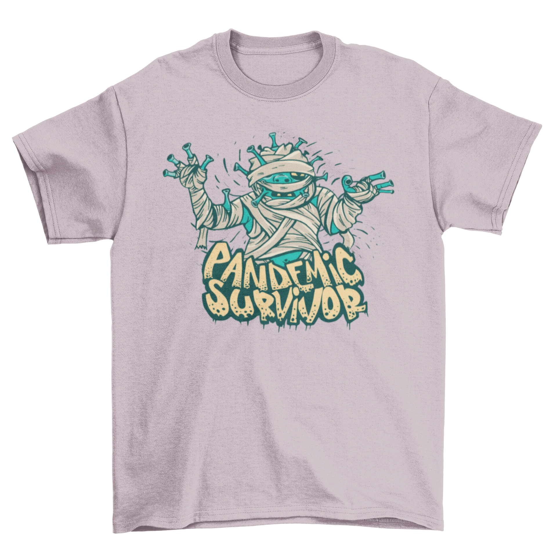 Pandemic Survivor T-shirt featuring a creative coronavirus mummy design with bold text.