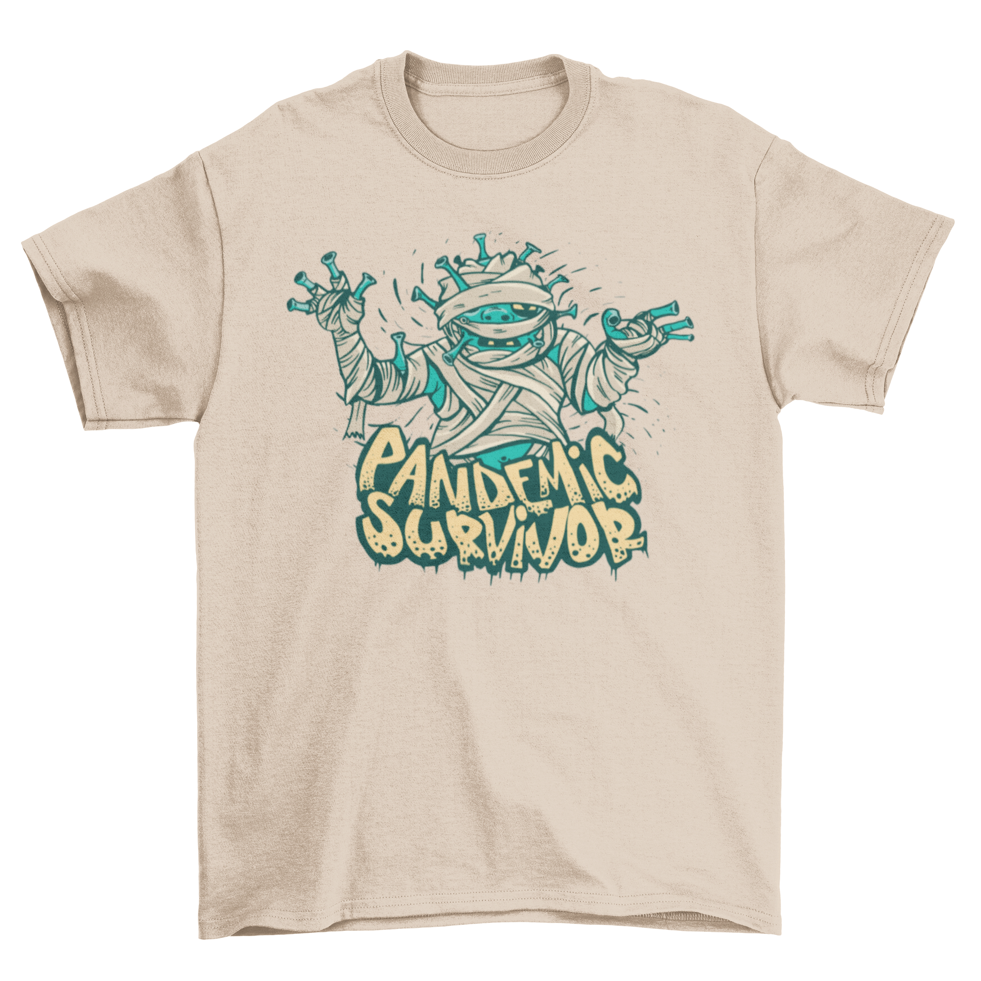 Pandemic Survivor T-shirt featuring a creative coronavirus mummy design with bold text.