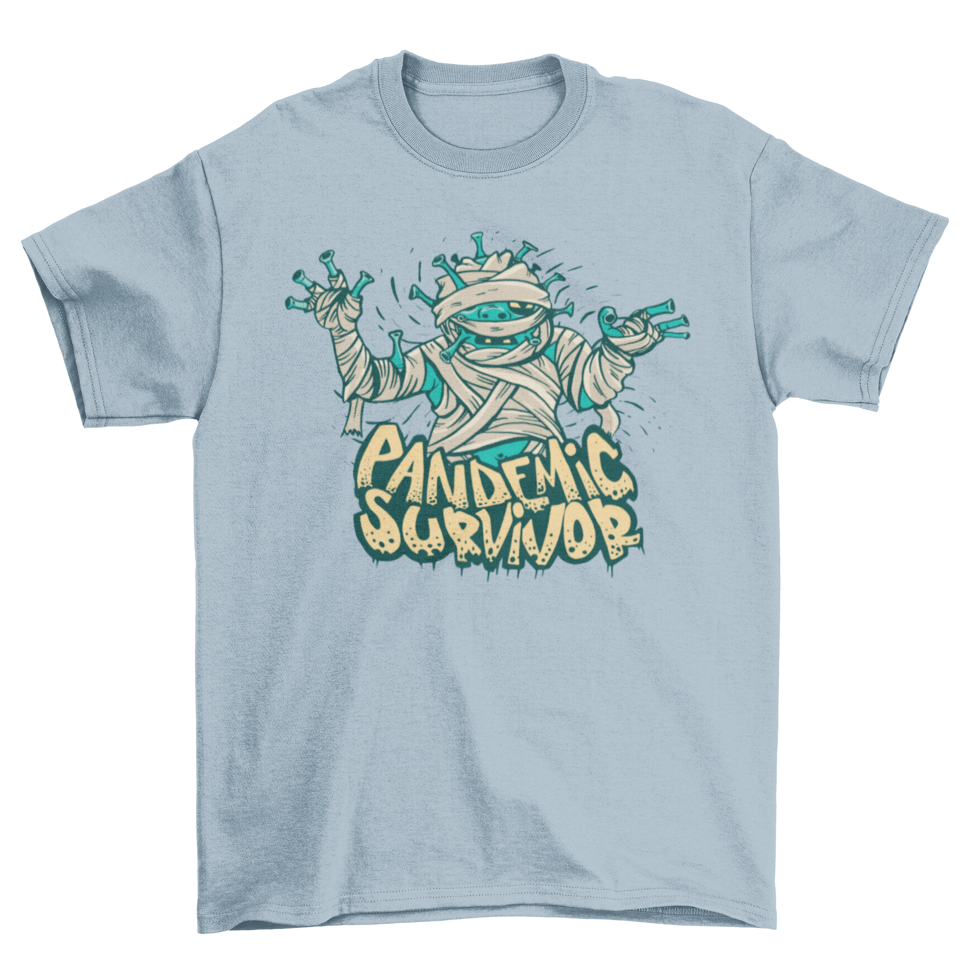 Pandemic Survivor T-shirt featuring a creative coronavirus mummy design with bold text.