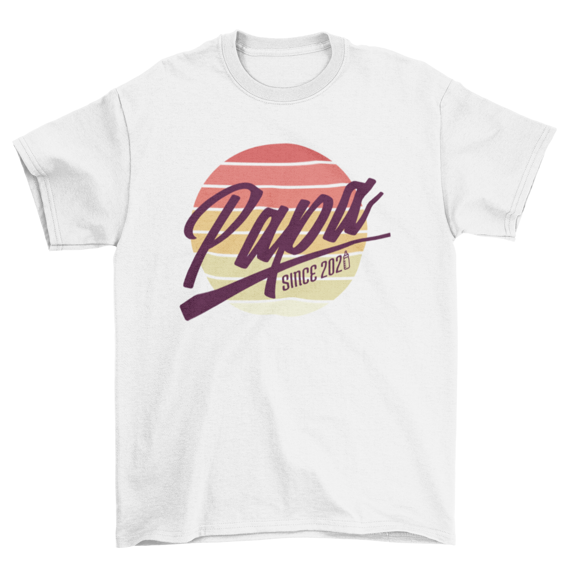 A stylish t-shirt featuring the quote 'Papa since 2020' with a retro sunset design in the background.