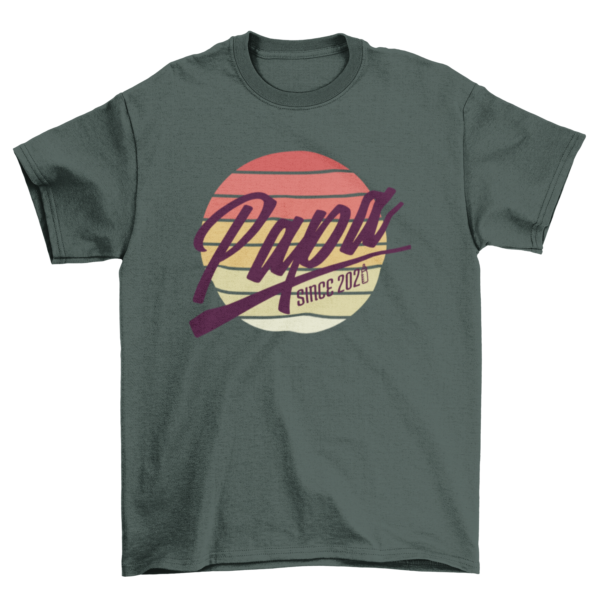 A stylish t-shirt featuring the quote 'Papa since 2020' with a retro sunset design in the background.