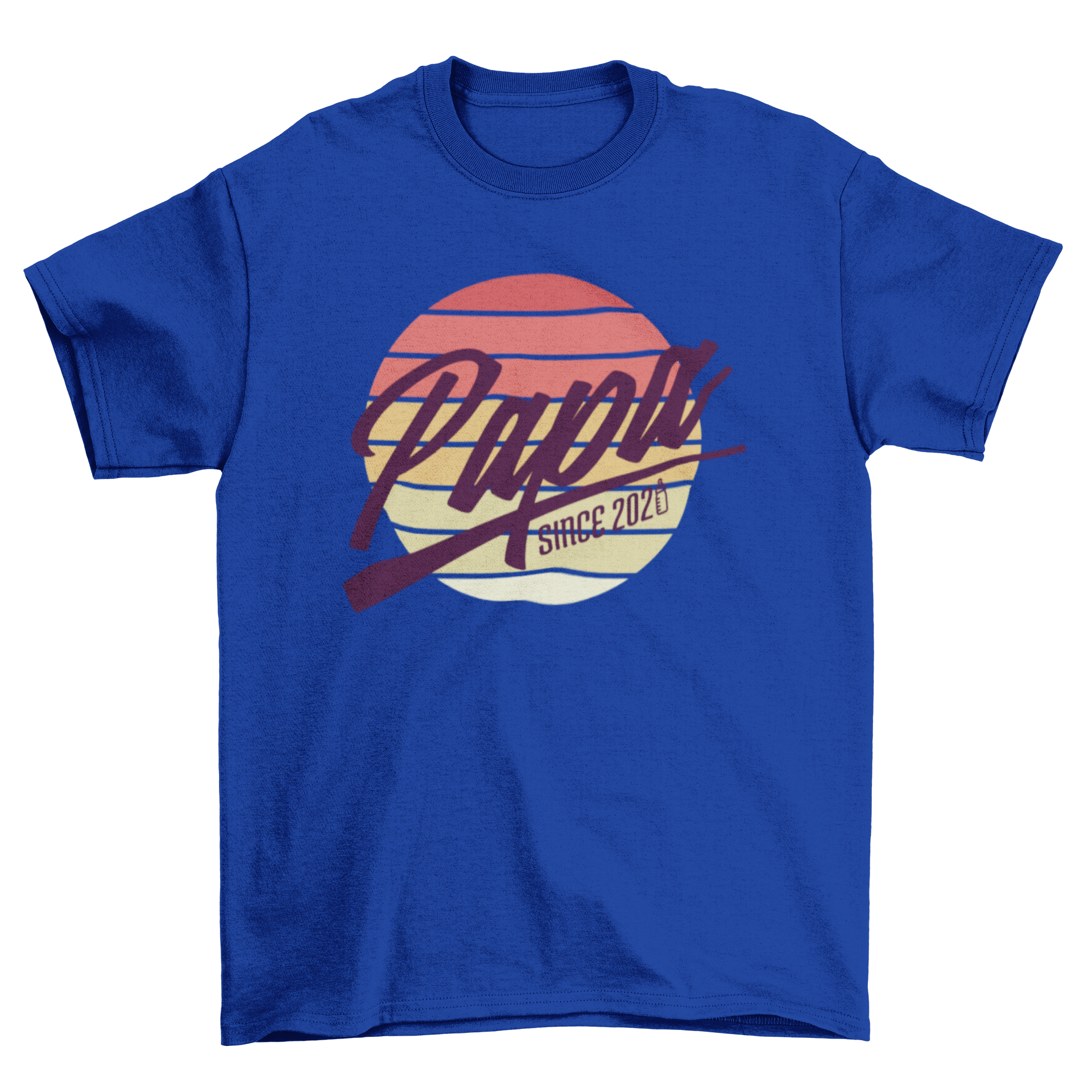 A stylish t-shirt featuring the quote 'Papa since 2020' with a retro sunset design in the background.