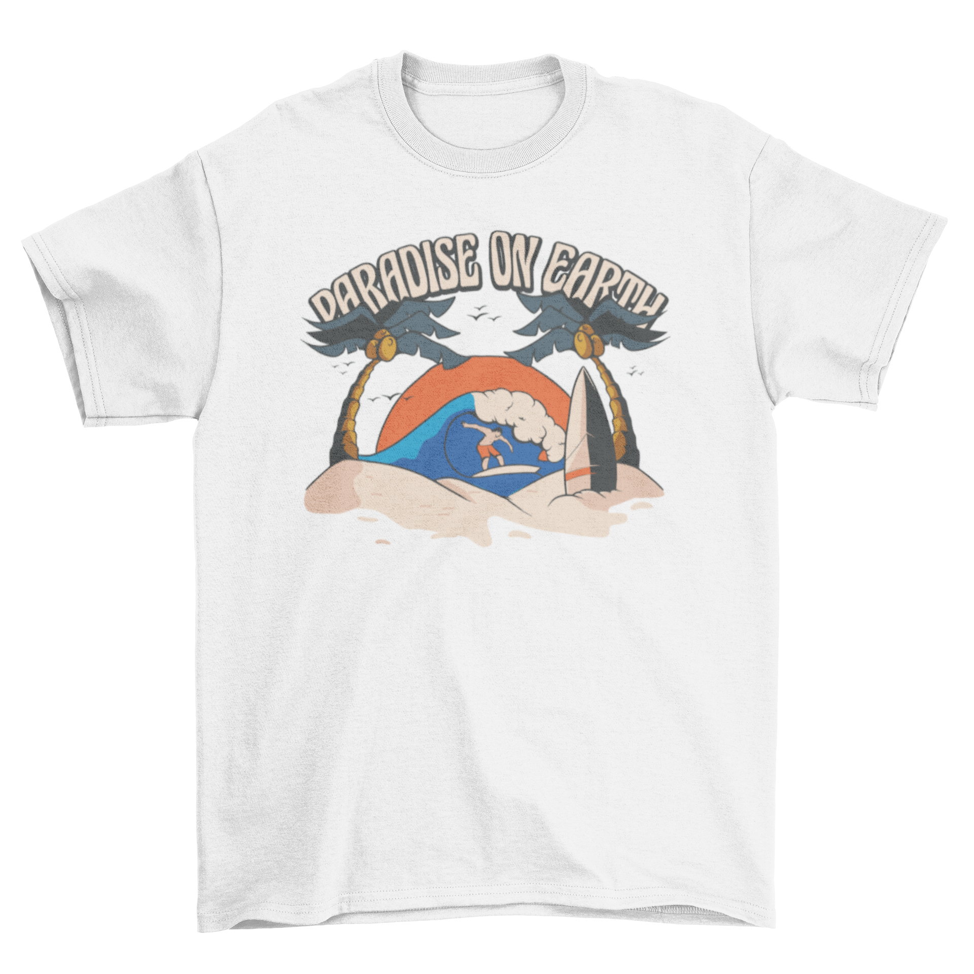 Paradise surf beach t-shirt featuring a surfer and the quote 'Paradiso on earth' in vibrant illustration style.